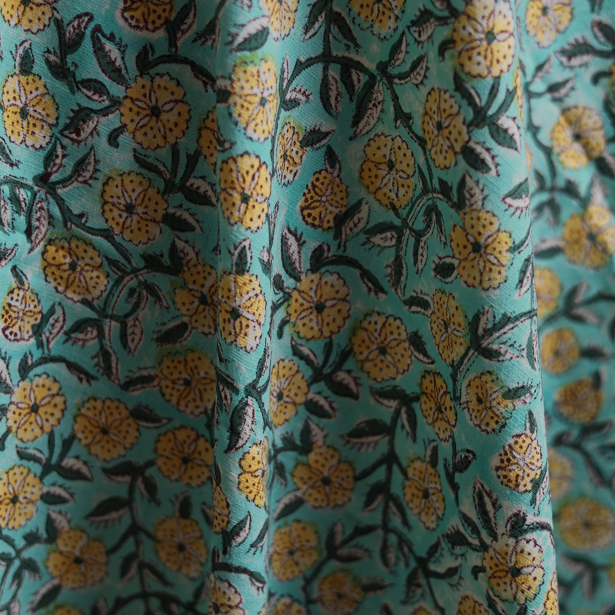 Green - Sanganeri Hand Block Print Mangalagiri Cotton Fabric 07 - Image 3