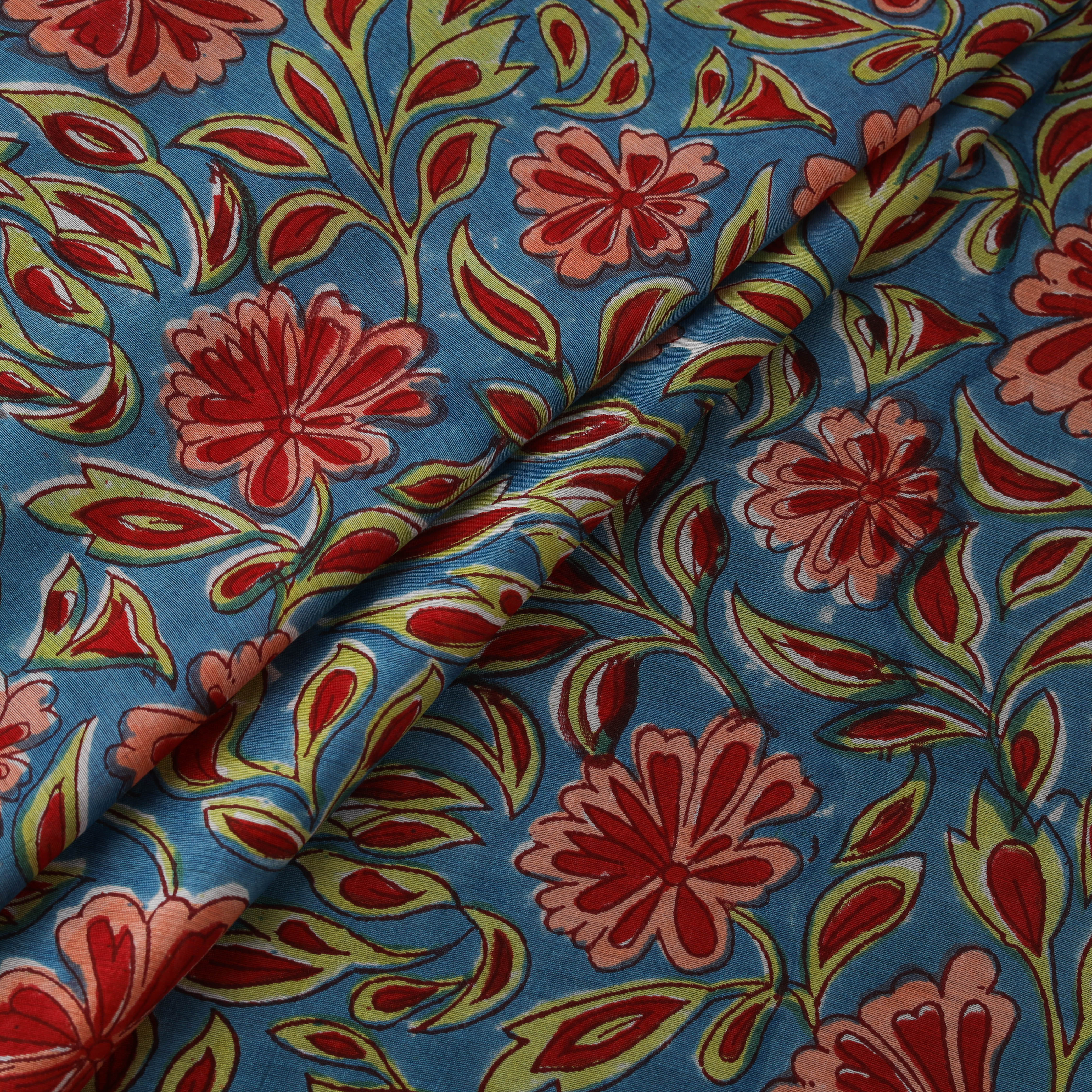 Blue - Sanganeri Hand Block Print Modal Silk Fabric 30 - Image 3