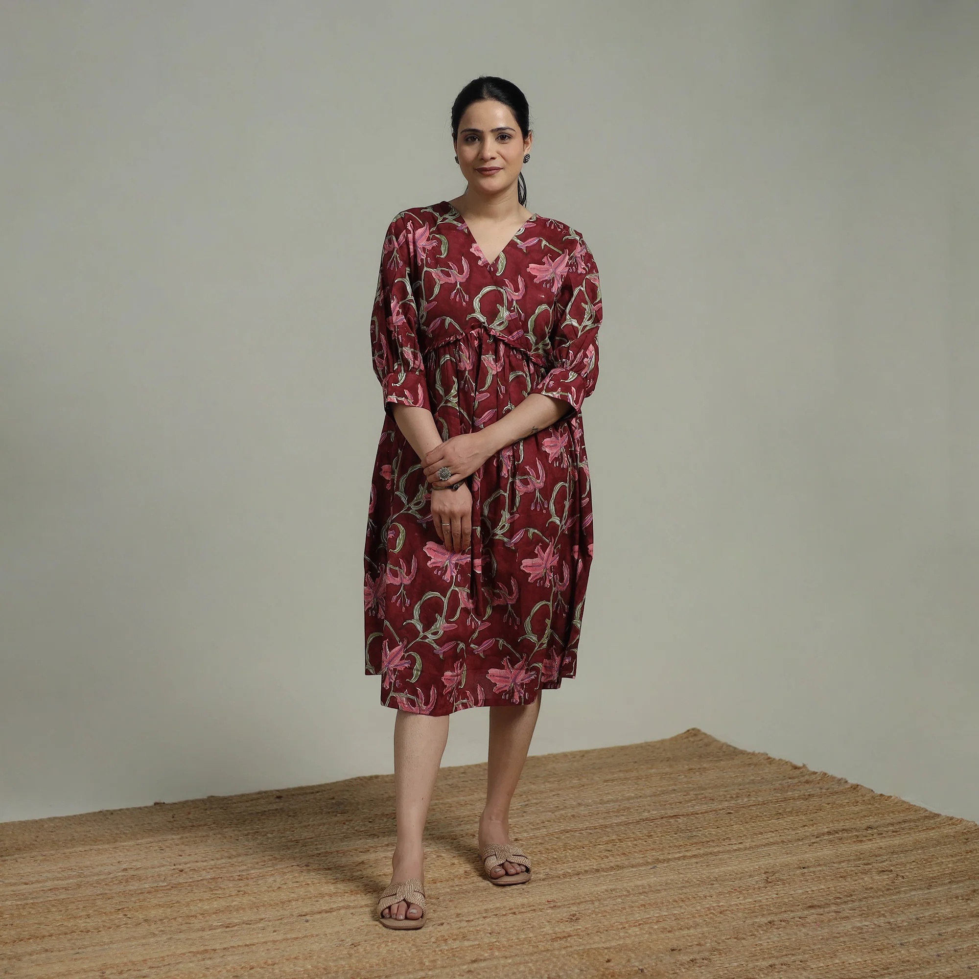 Maroon - Sanganeri Hand Block Print Pure Cotton Angrakha Flared Dress 11