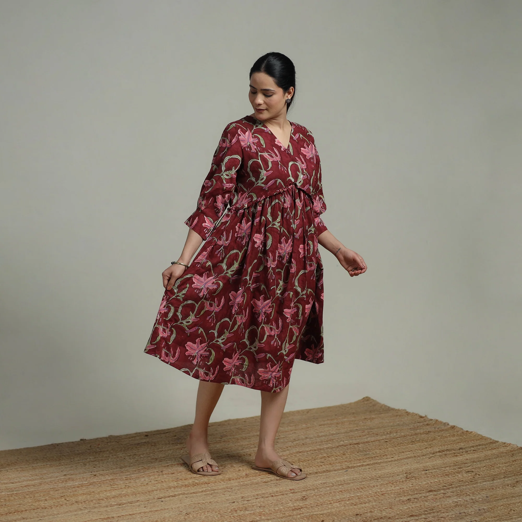 Maroon - Sanganeri Hand Block Print Pure Cotton Angrakha Flared Dress 11 - Image 2