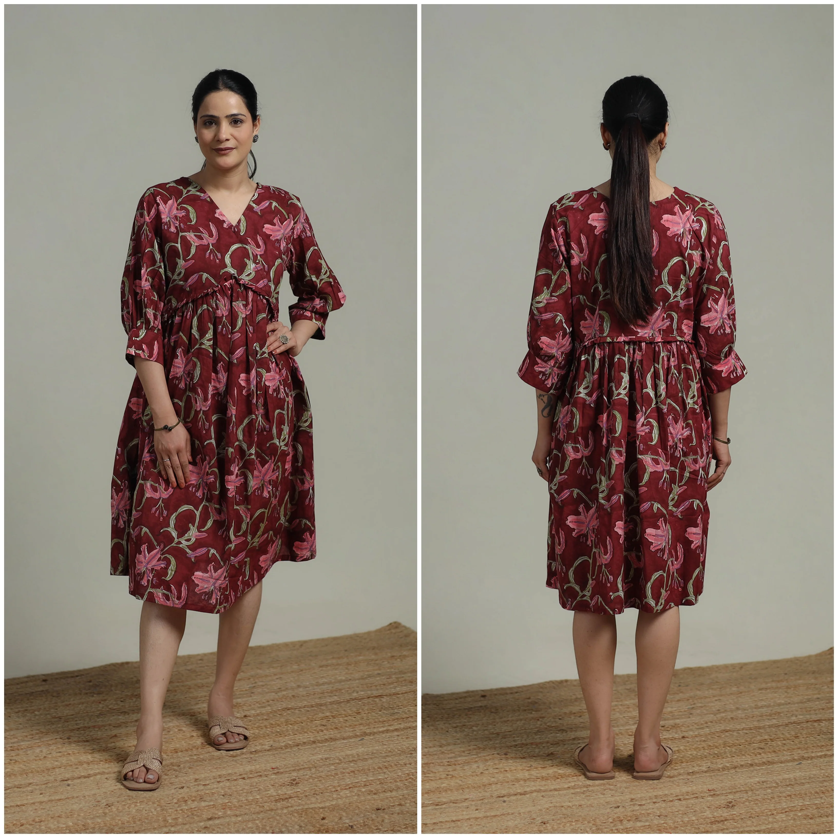 Maroon - Sanganeri Hand Block Print Pure Cotton Angrakha Flared Dress 11 - Image 3