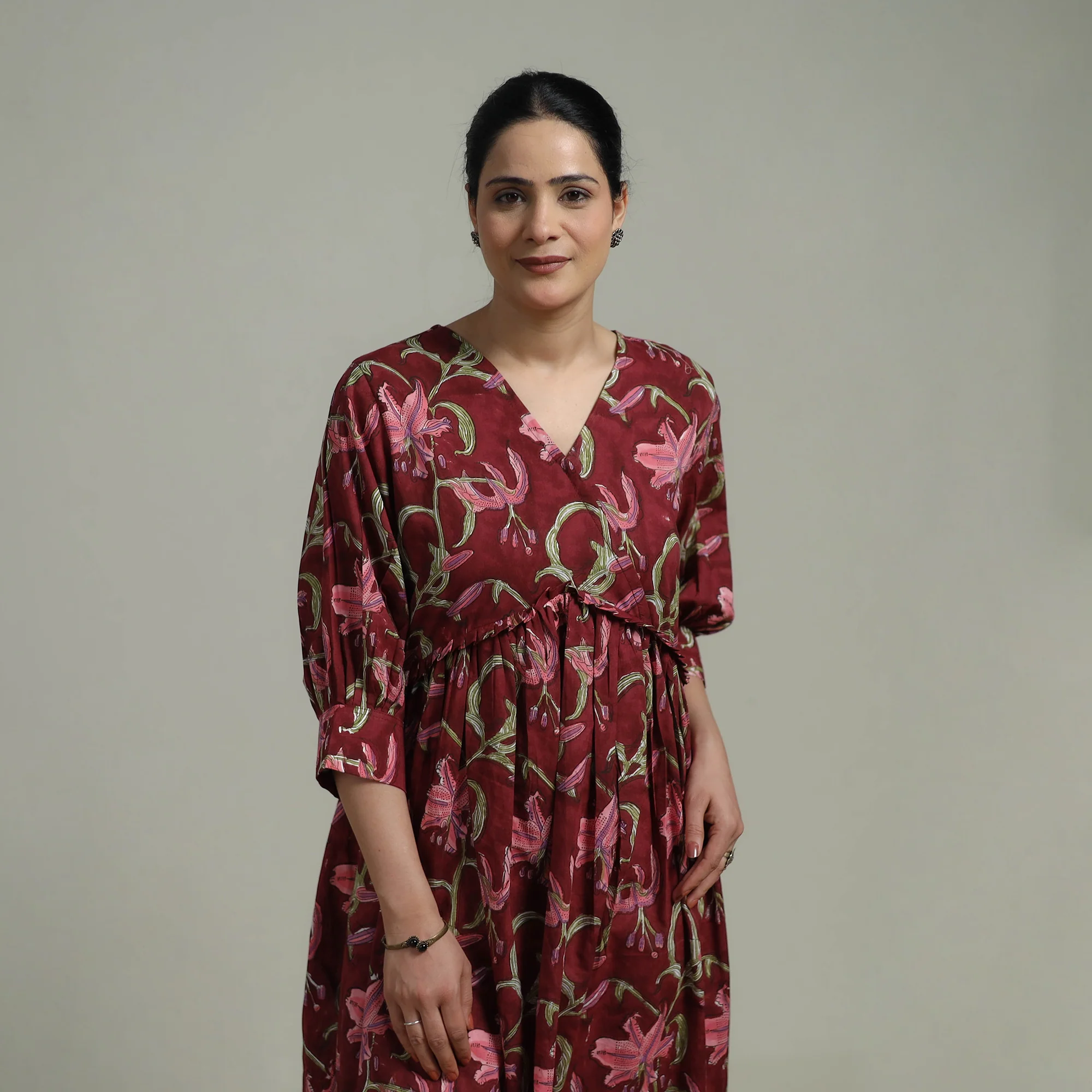 Maroon - Sanganeri Hand Block Print Pure Cotton Angrakha Flared Dress 11 - Image 4