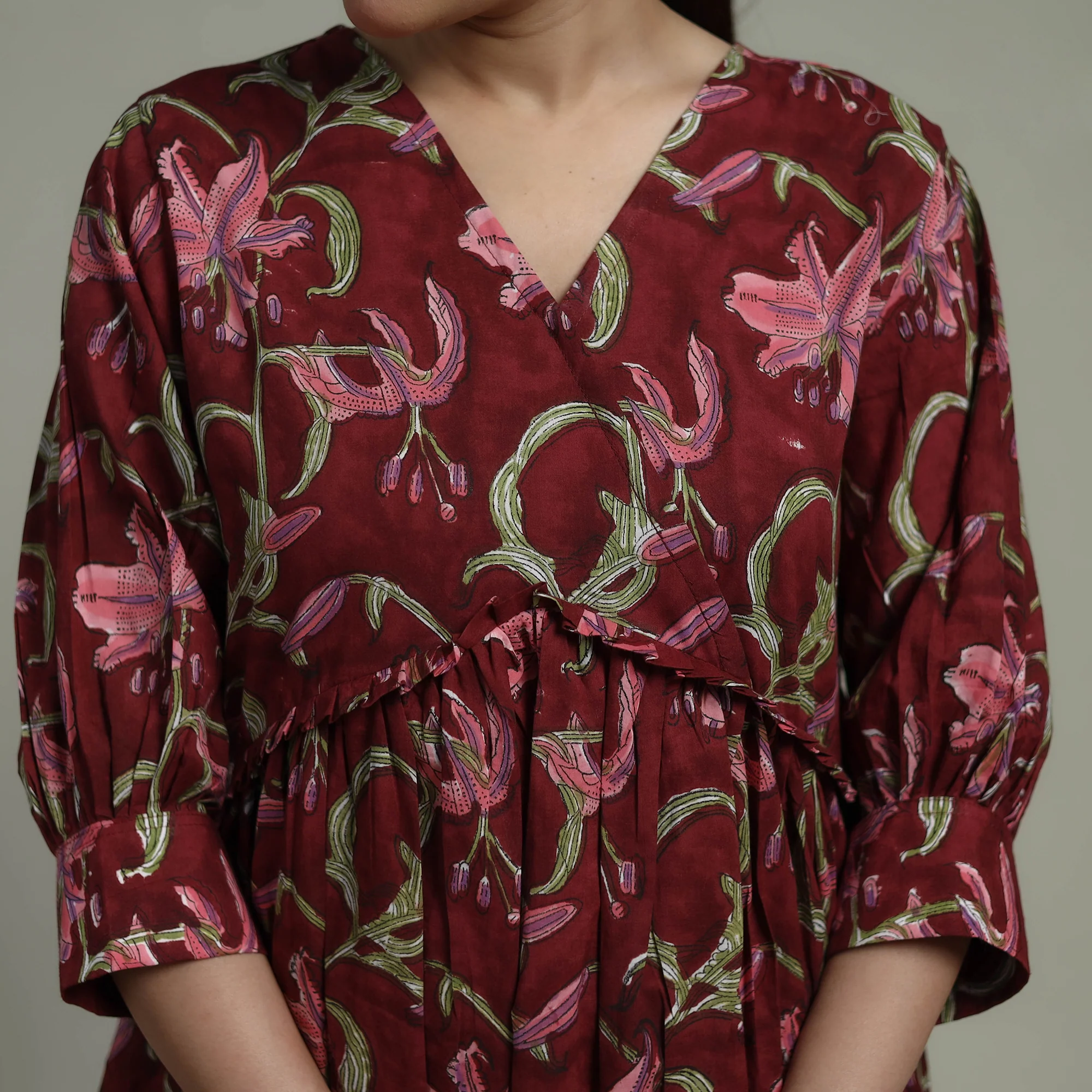 Maroon - Sanganeri Hand Block Print Pure Cotton Angrakha Flared Dress 11 - Image 5