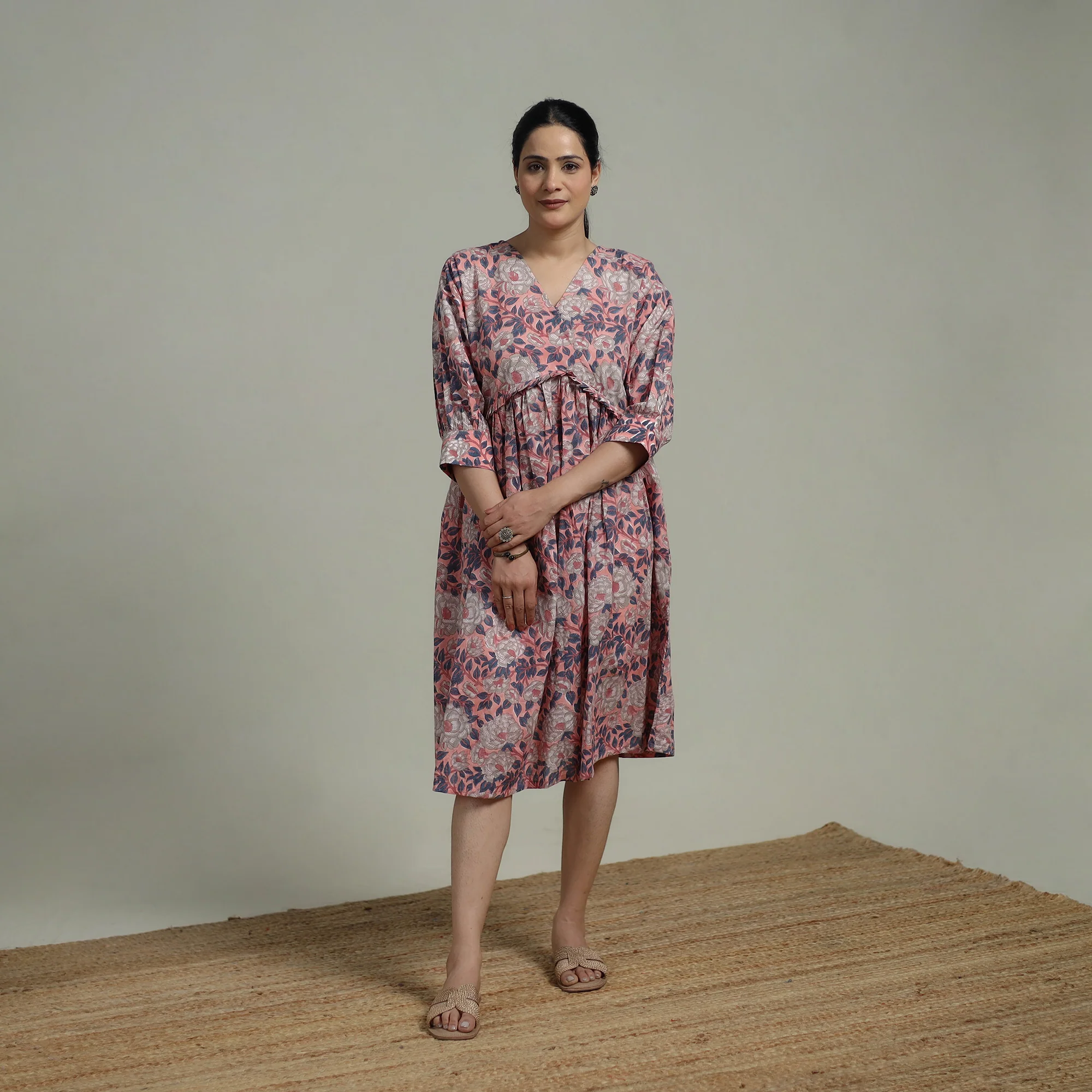 Pink - Sanganeri Hand Block Print Pure Cotton Angrakha Flared Dress 12