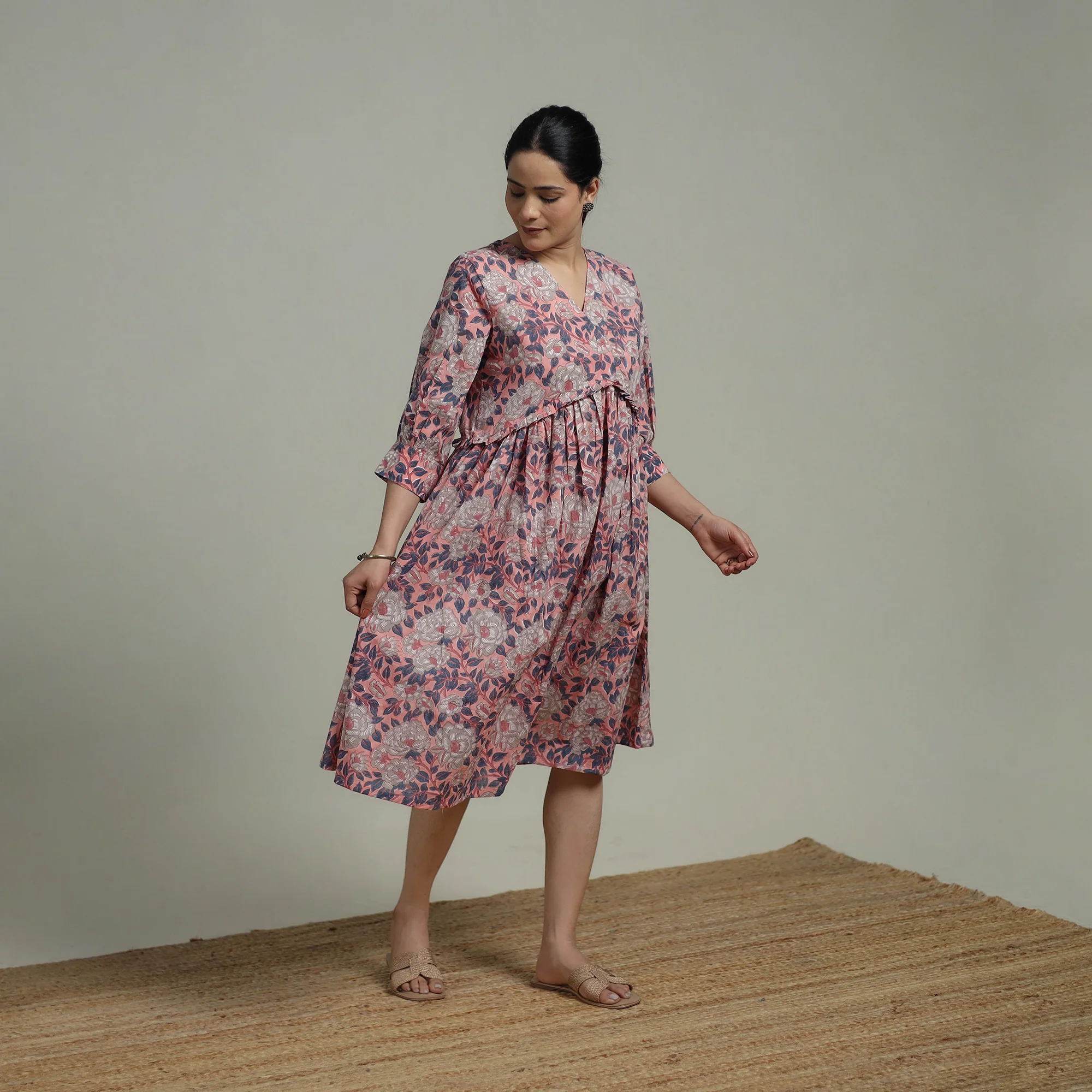 Pink - Sanganeri Hand Block Print Pure Cotton Angrakha Flared Dress 12 - Image 2