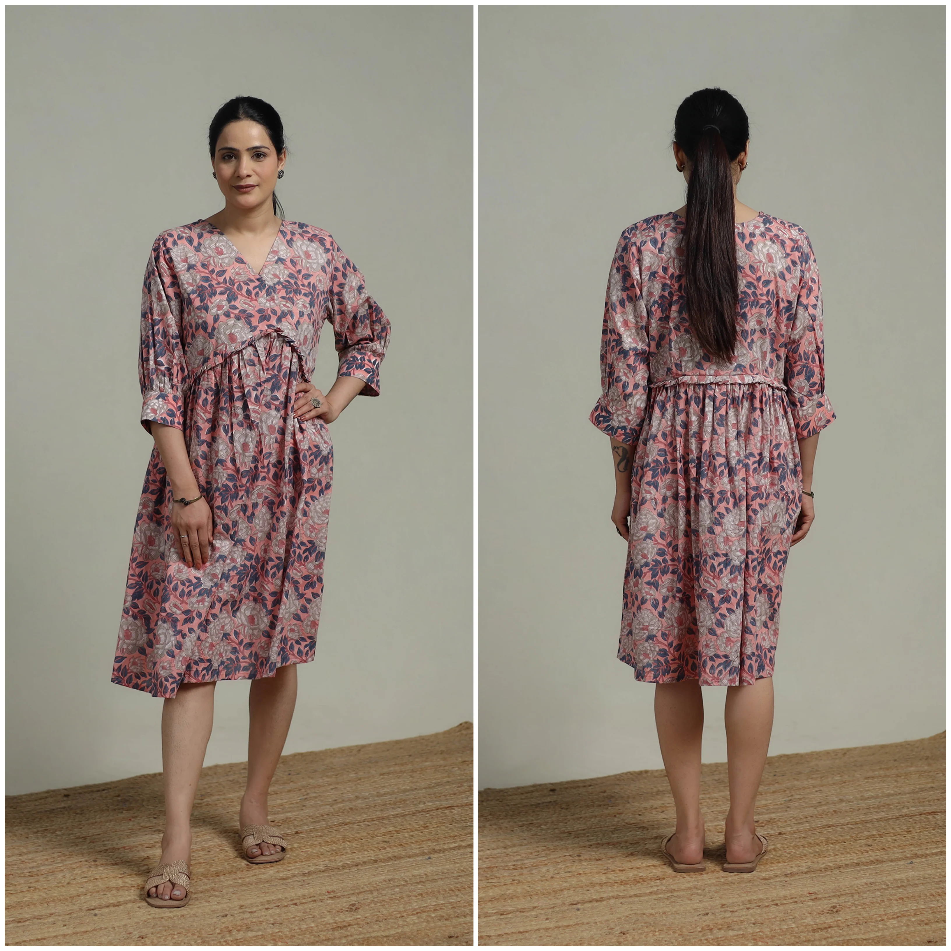 Pink - Sanganeri Hand Block Print Pure Cotton Angrakha Flared Dress 12 - Image 3