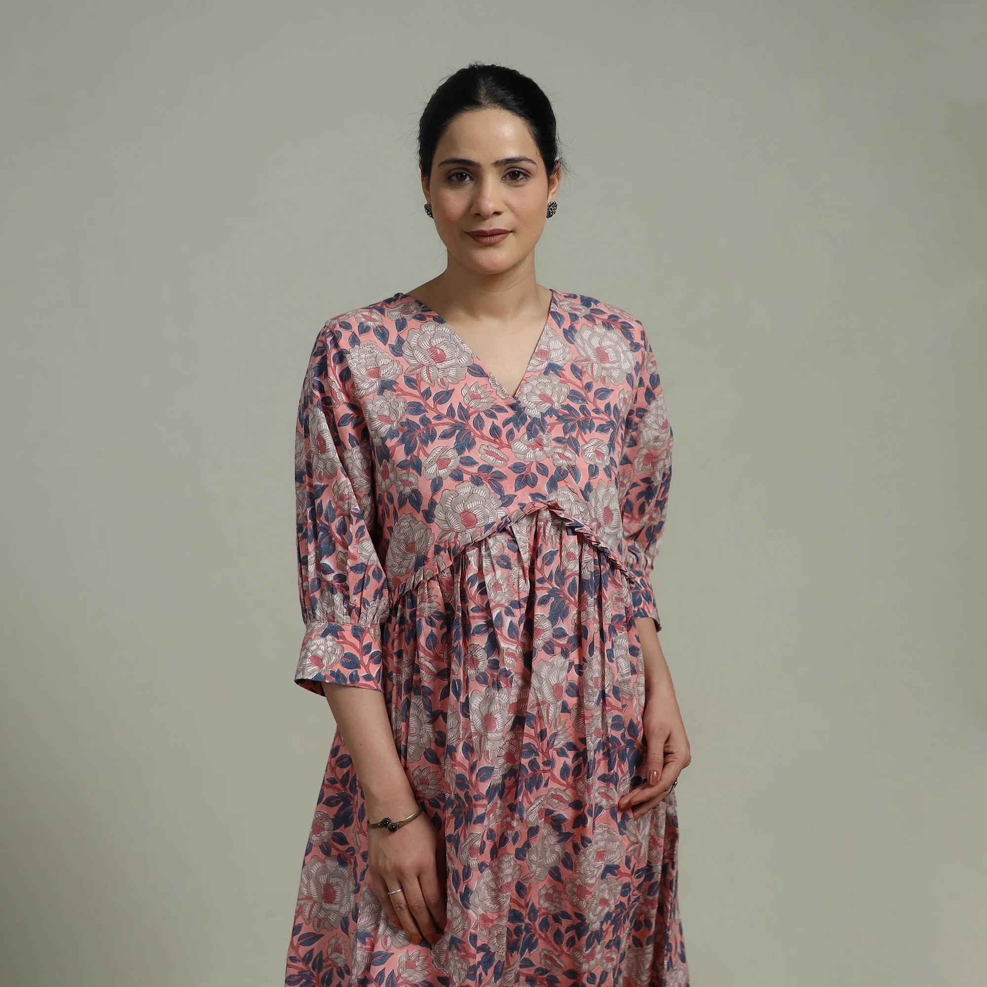 Pink - Sanganeri Hand Block Print Pure Cotton Angrakha Flared Dress 12 - Image 4