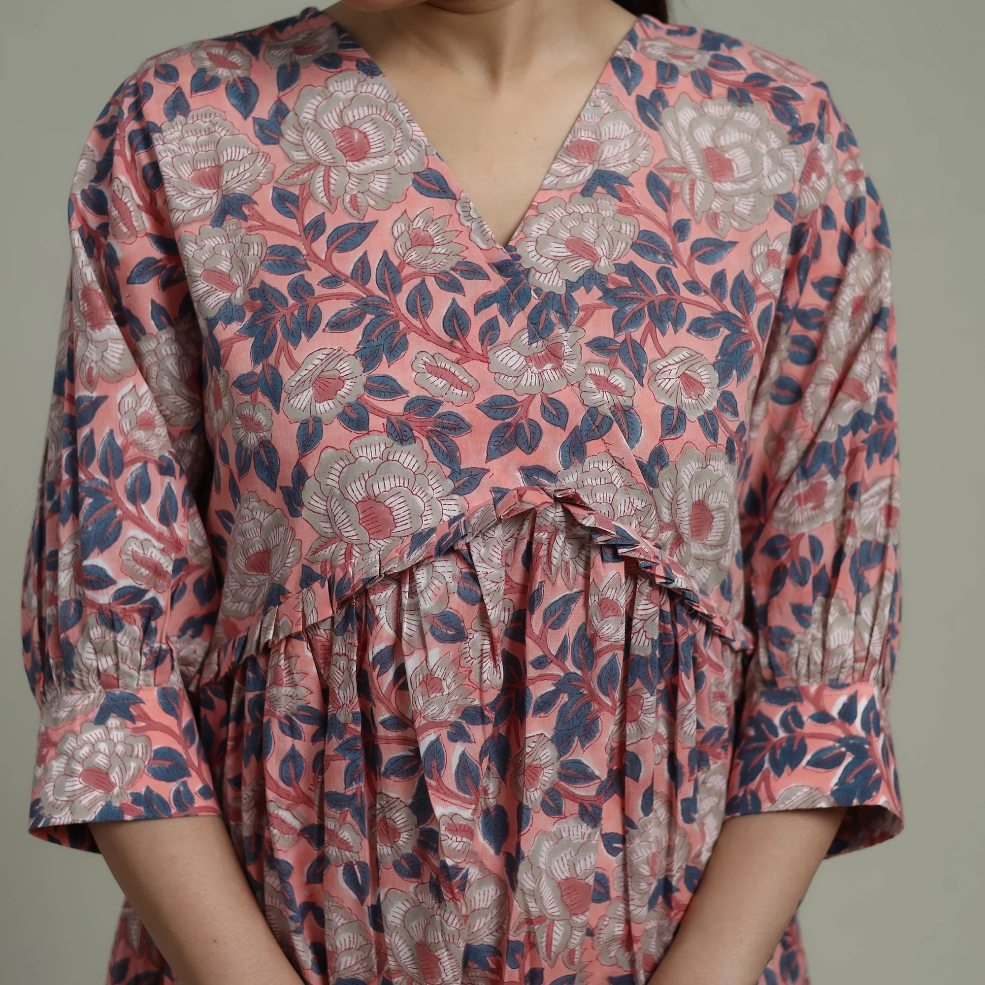 Pink - Sanganeri Hand Block Print Pure Cotton Angrakha Flared Dress 12 - Image 5