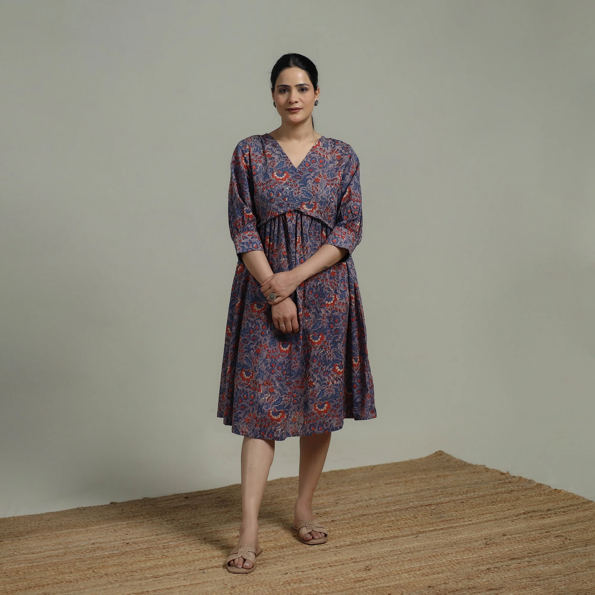 Purple - Sanganeri Hand Block Print Pure Cotton Angrakha Flared Dress 13