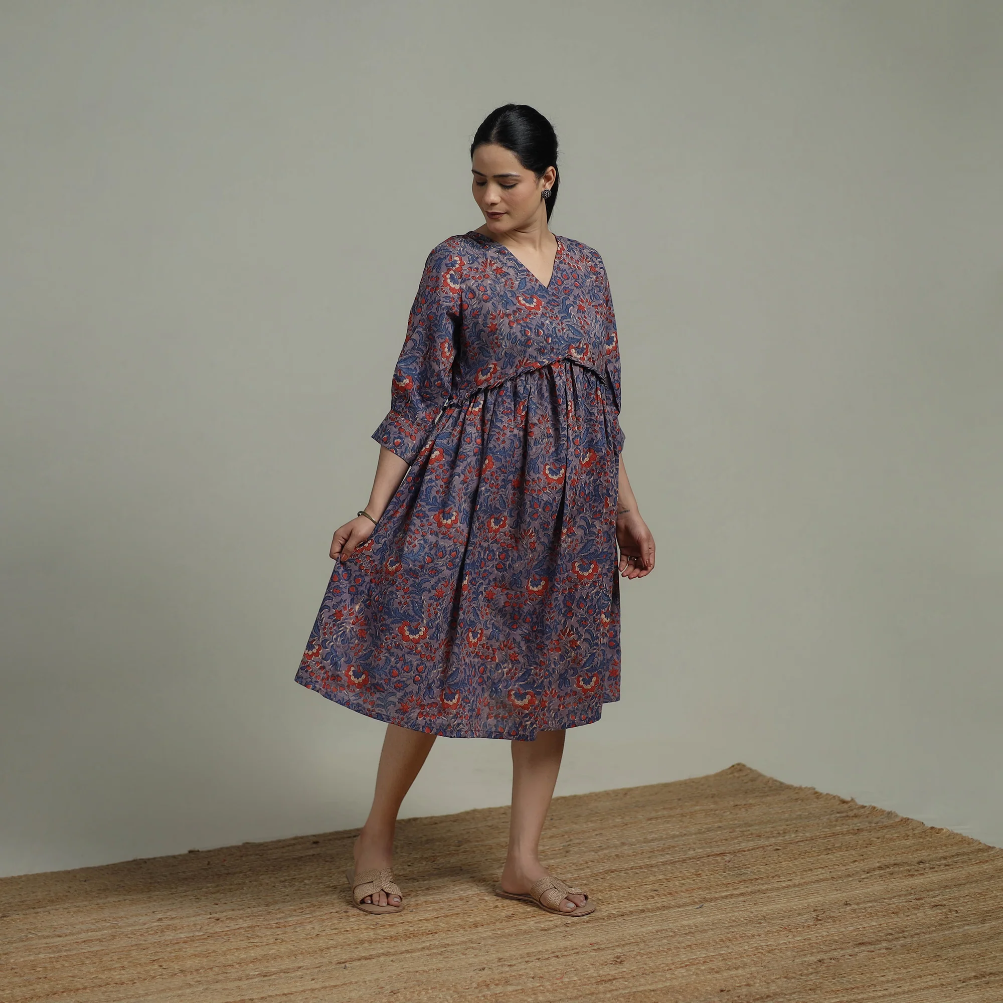 Purple - Sanganeri Hand Block Print Pure Cotton Angrakha Flared Dress 13 - Image 2