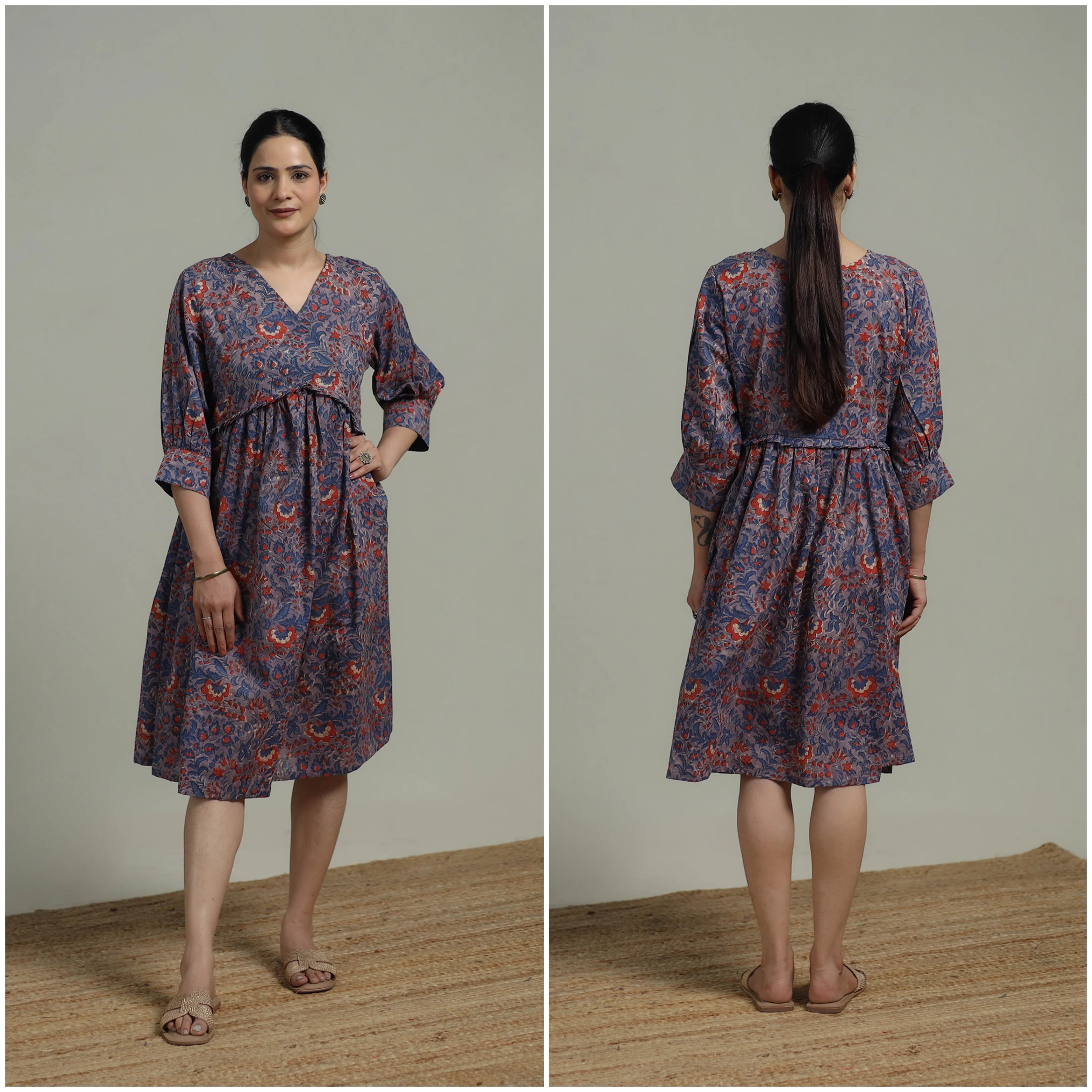 Purple - Sanganeri Hand Block Print Pure Cotton Angrakha Flared Dress 13 - Image 3