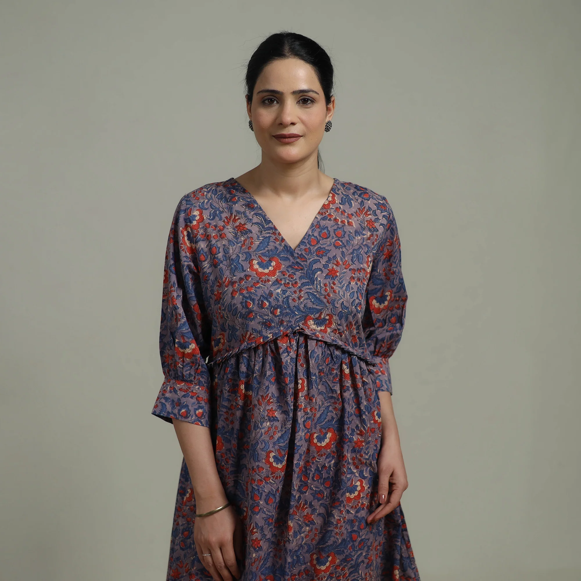 Purple - Sanganeri Hand Block Print Pure Cotton Angrakha Flared Dress 13 - Image 4