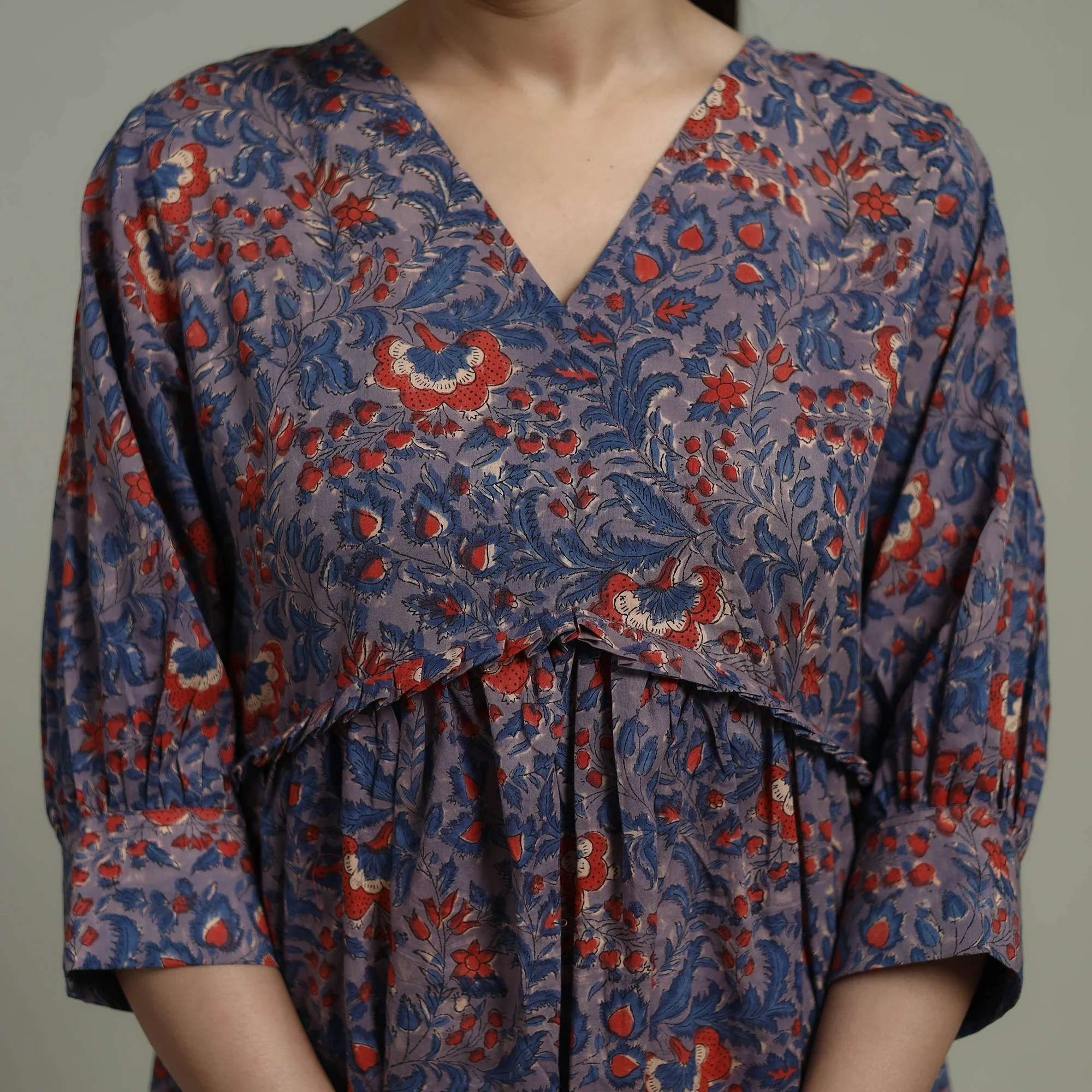 Purple - Sanganeri Hand Block Print Pure Cotton Angrakha Flared Dress 13 - Image 5