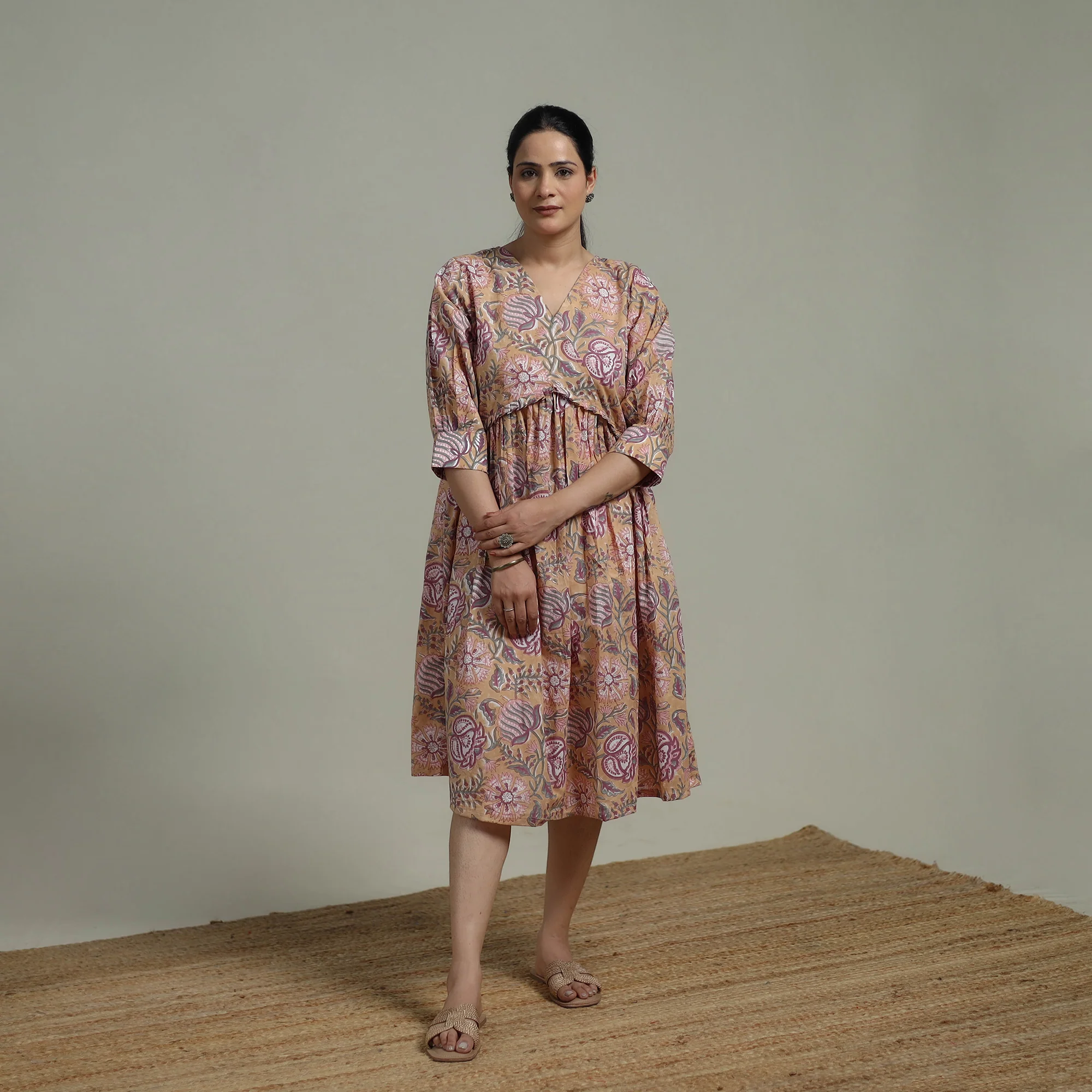 Beige - Sanganeri Hand Block Print Pure Cotton Angrakha Flared Dress 14