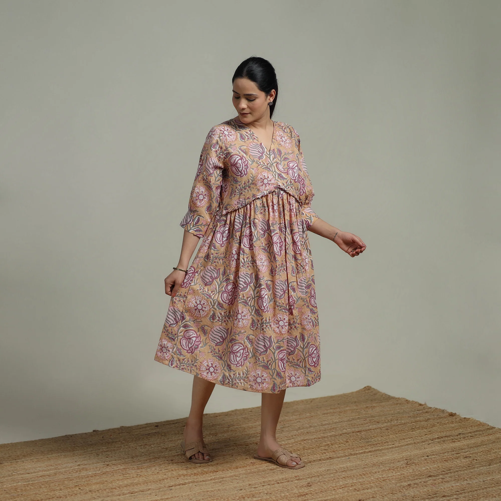 Beige - Sanganeri Hand Block Print Pure Cotton Angrakha Flared Dress 14 - Image 2