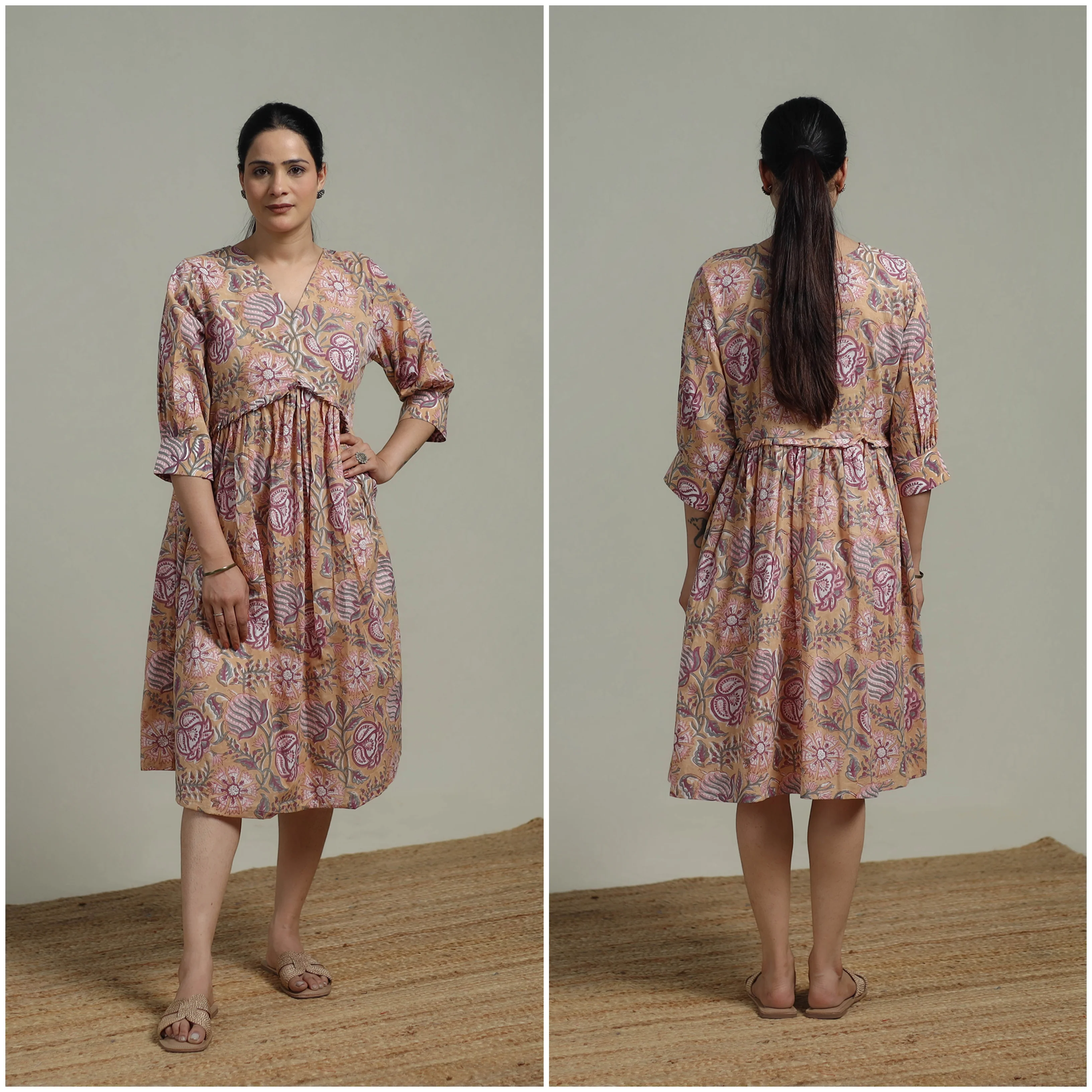 Beige - Sanganeri Hand Block Print Pure Cotton Angrakha Flared Dress 14 - Image 3