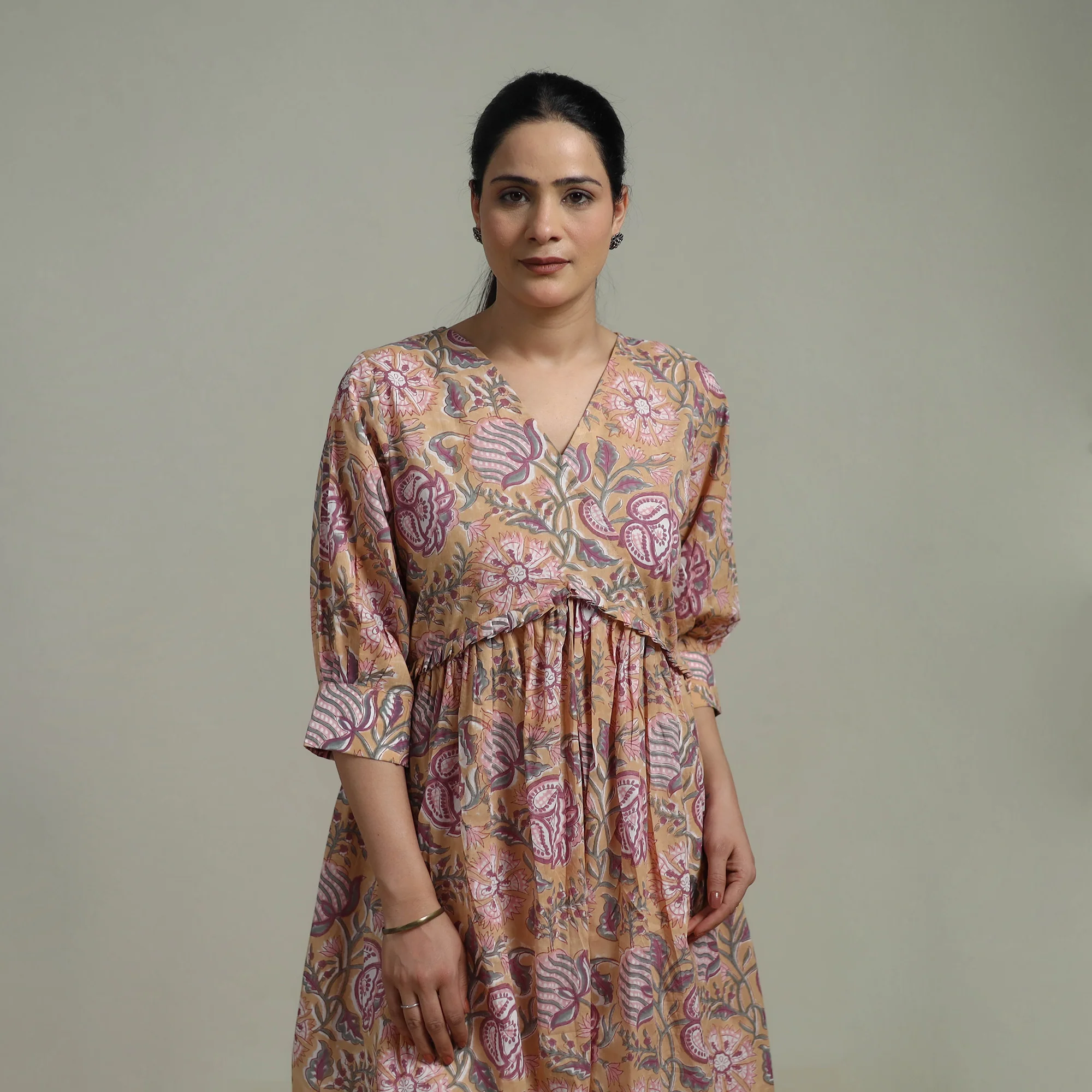 Beige - Sanganeri Hand Block Print Pure Cotton Angrakha Flared Dress 14 - Image 4