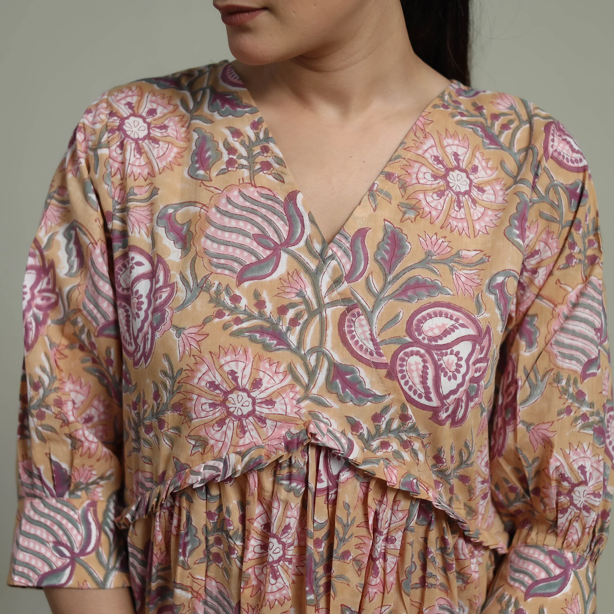 Beige - Sanganeri Hand Block Print Pure Cotton Angrakha Flared Dress 14 - Image 5