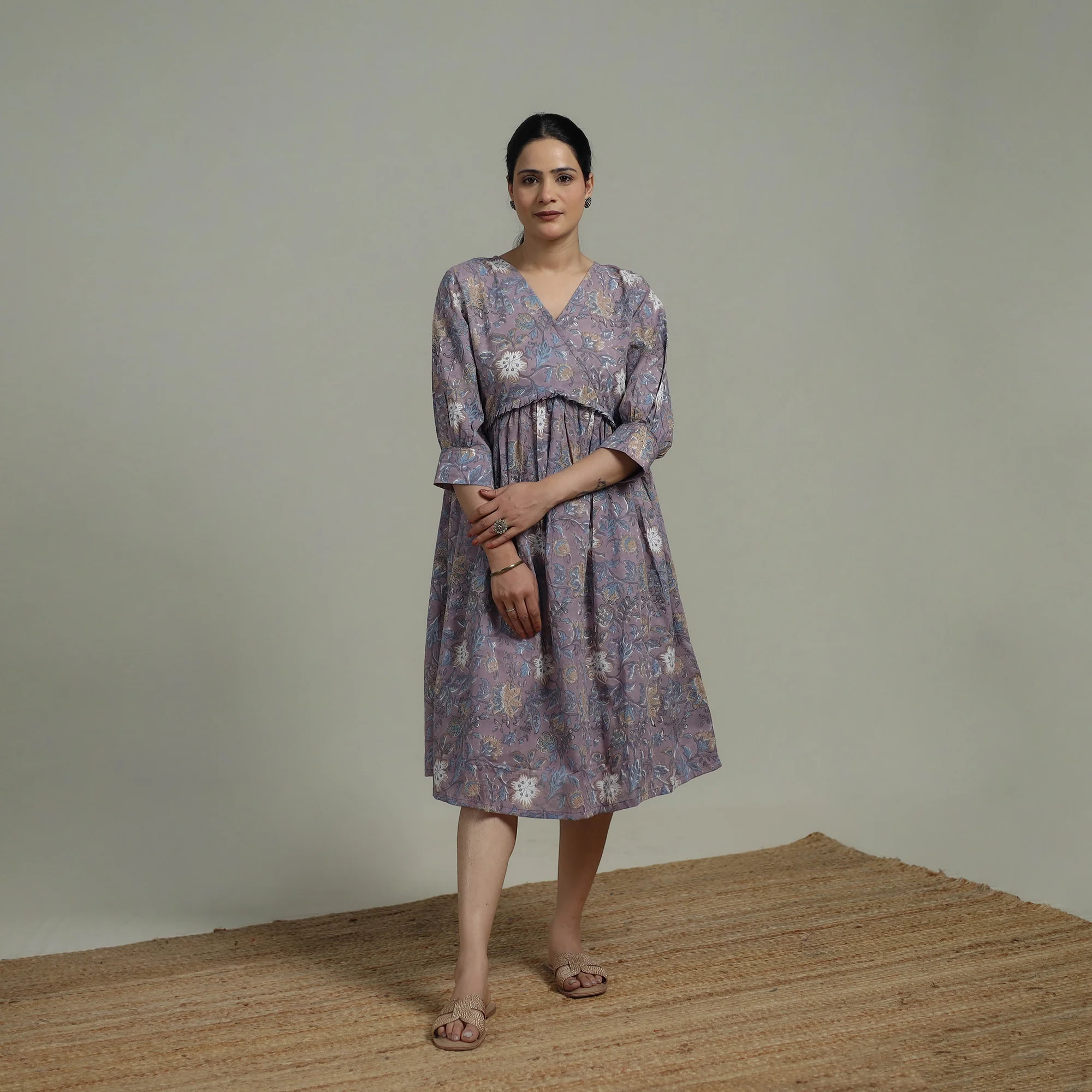 Purple - Sanganeri Hand Block Print Pure Cotton Angrakha Flared Dress 15