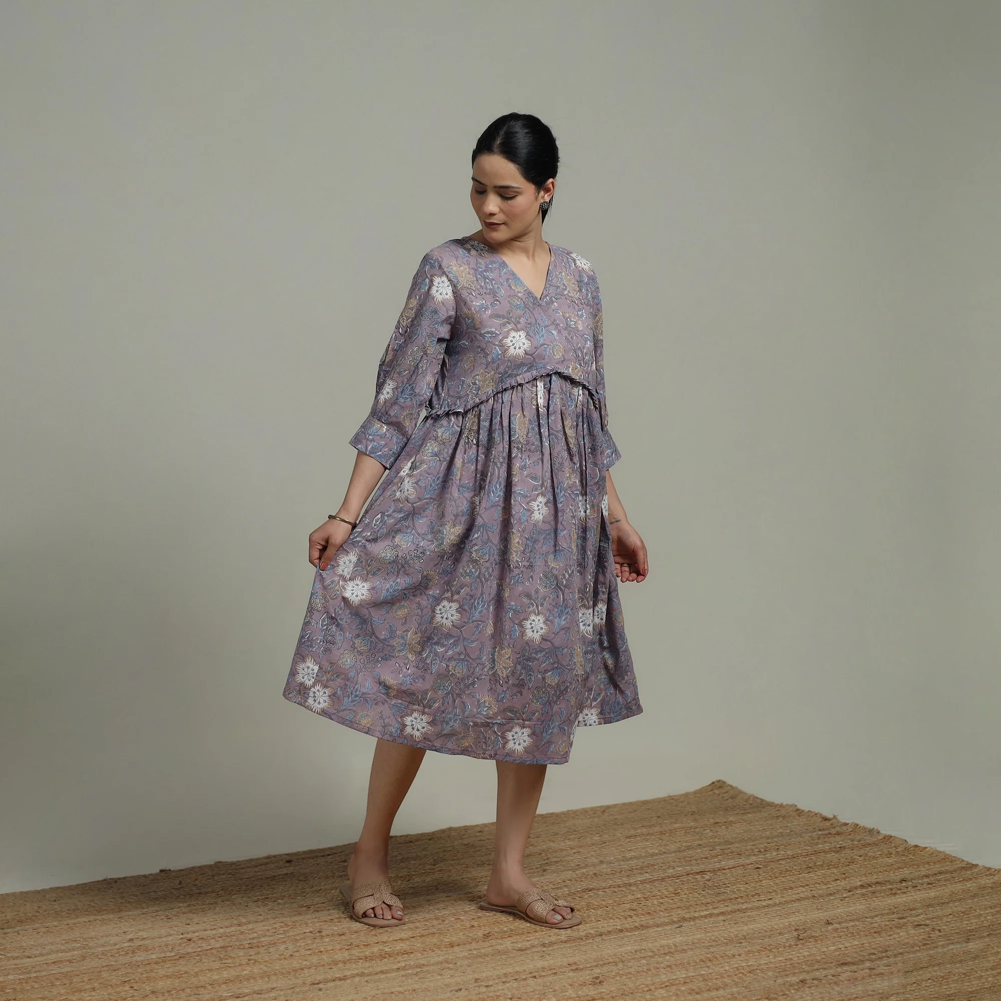 Purple - Sanganeri Hand Block Print Pure Cotton Angrakha Flared Dress 15 - Image 2