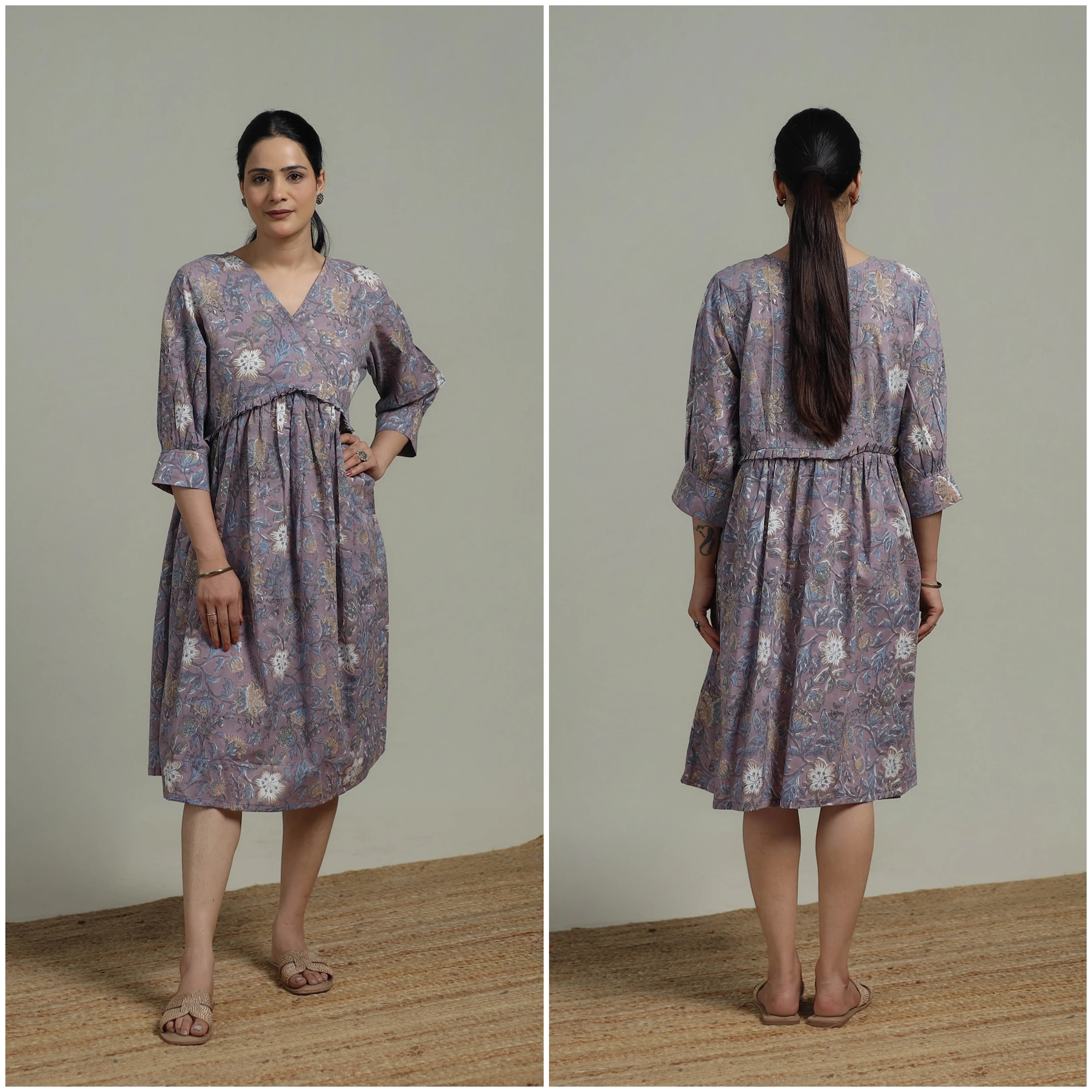 Purple - Sanganeri Hand Block Print Pure Cotton Angrakha Flared Dress 15 - Image 3