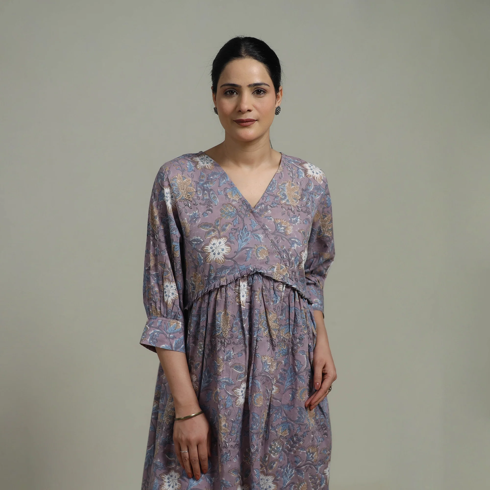 Purple - Sanganeri Hand Block Print Pure Cotton Angrakha Flared Dress 15 - Image 4