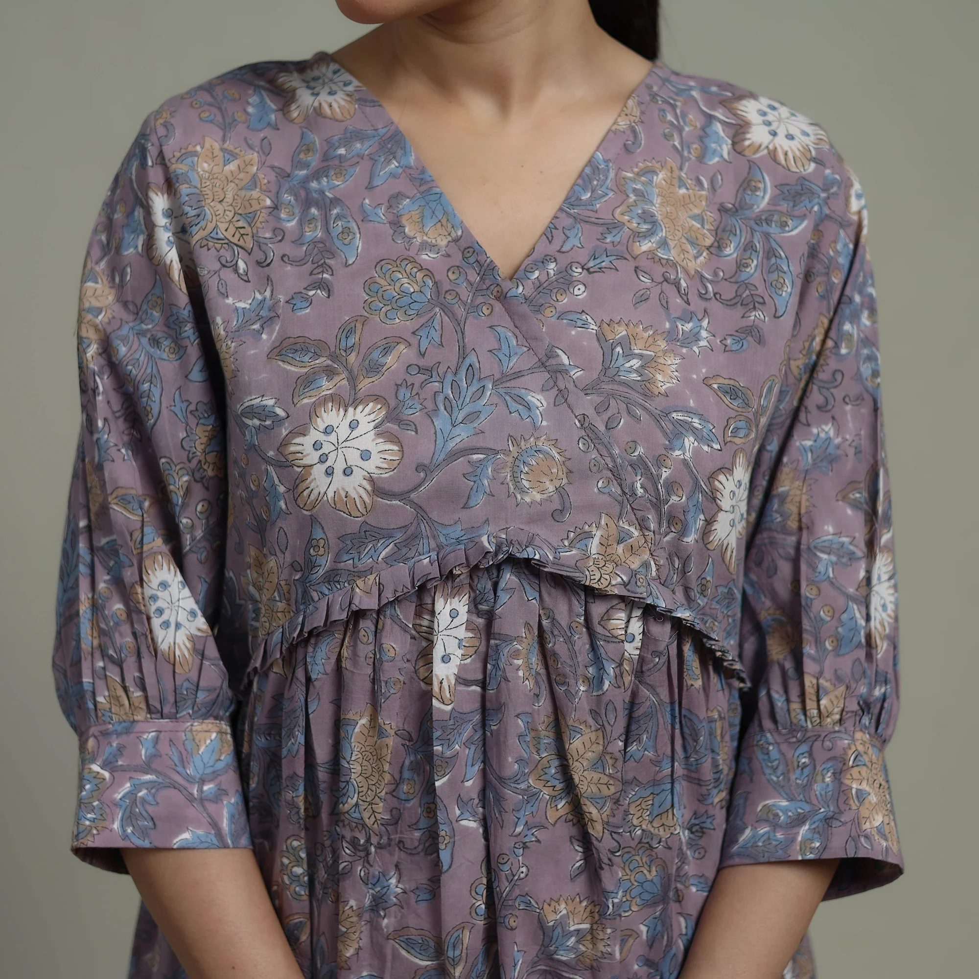 Purple - Sanganeri Hand Block Print Pure Cotton Angrakha Flared Dress 15 - Image 5