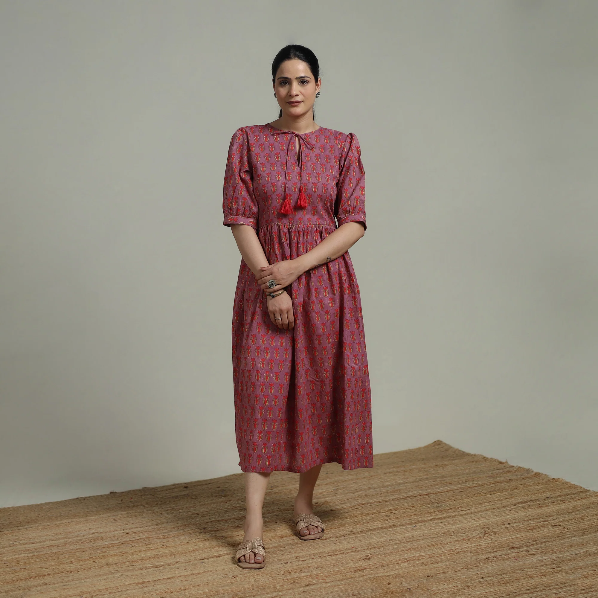 Purple - Sanganeri Hand Block Print Pure Cotton Flared Dress 01