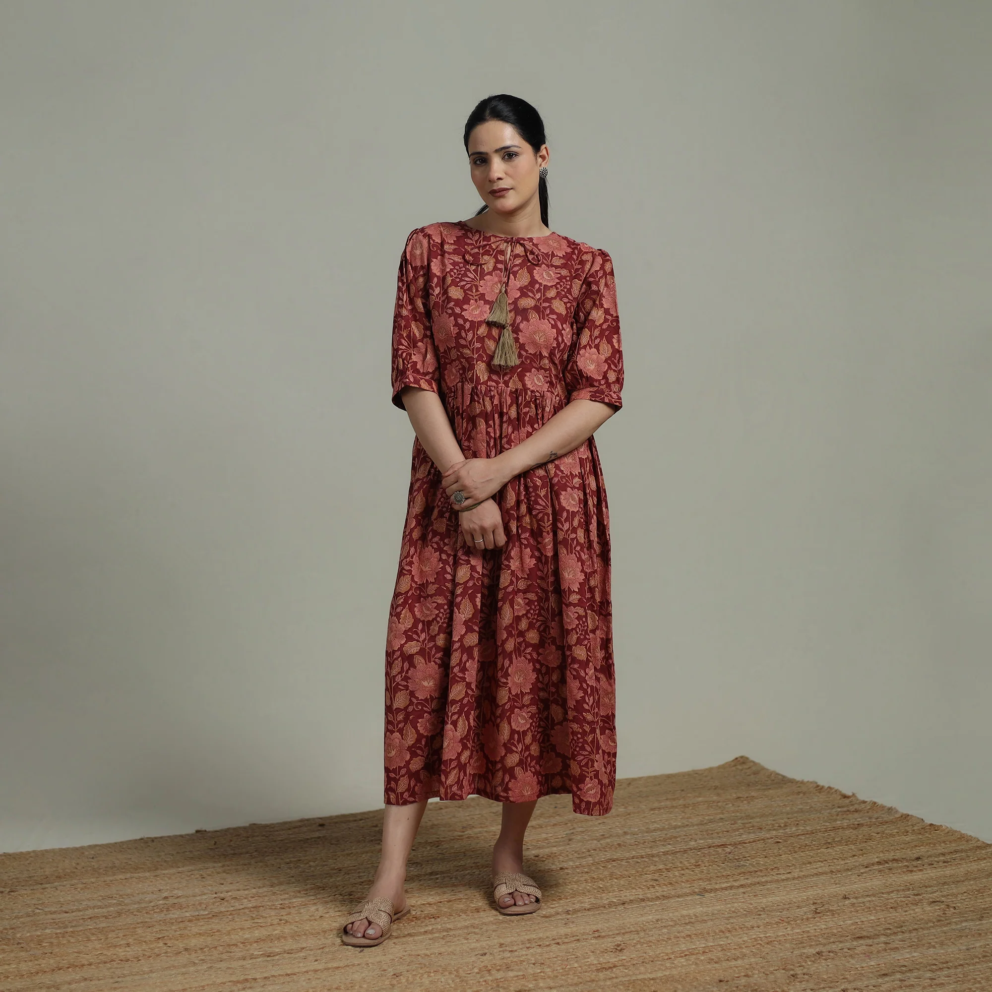 Red - Sanganeri Hand Block Print Pure Cotton Flared Dress 02