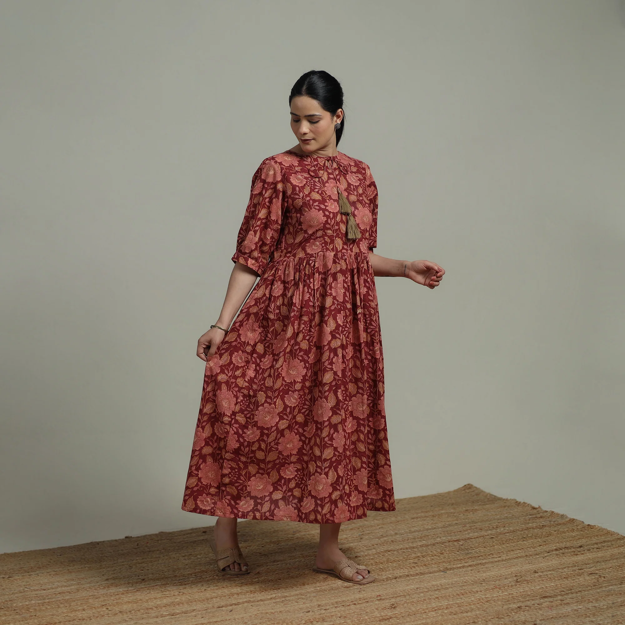 Red - Sanganeri Hand Block Print Pure Cotton Flared Dress 02 - Image 2