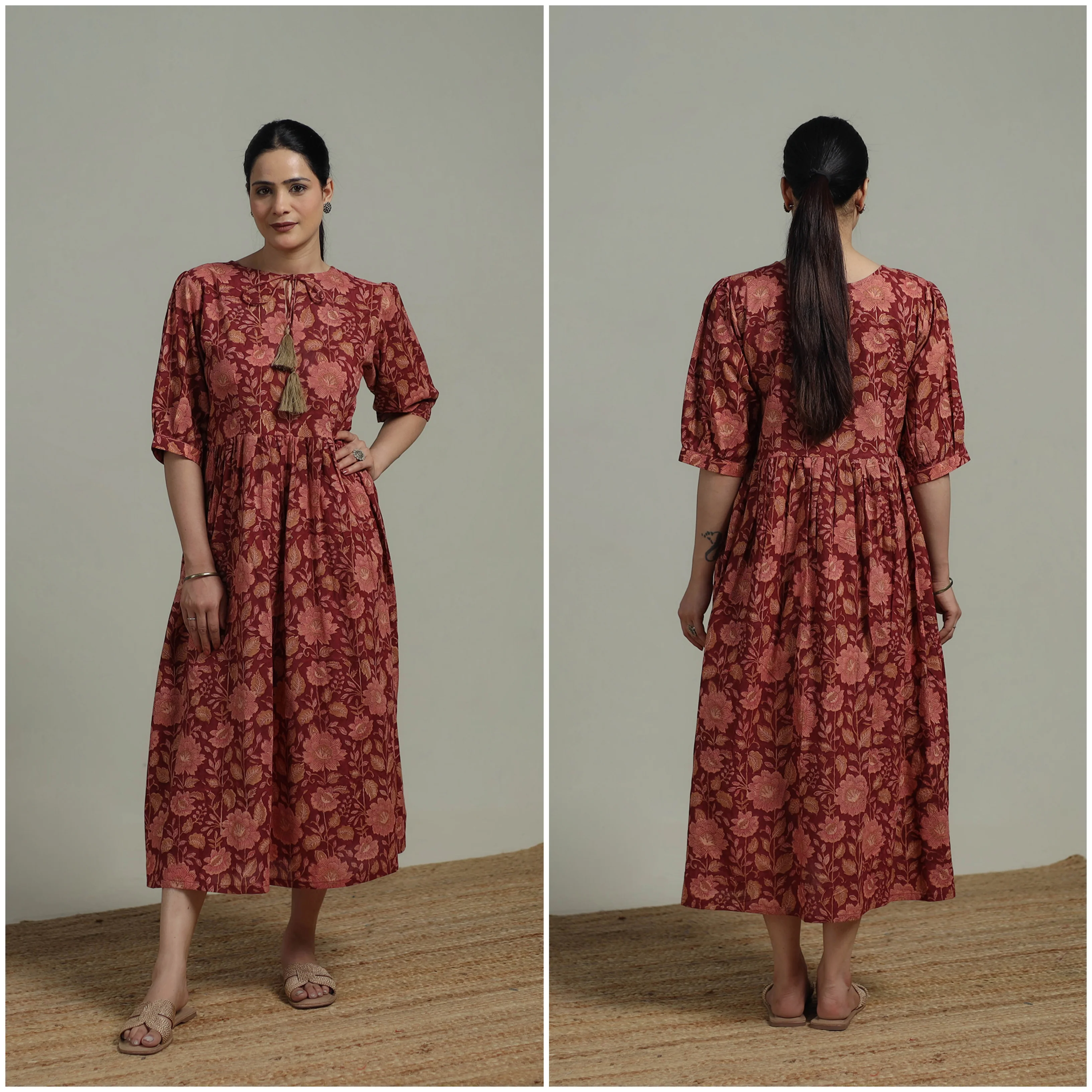 Red - Sanganeri Hand Block Print Pure Cotton Flared Dress 02 - Image 3