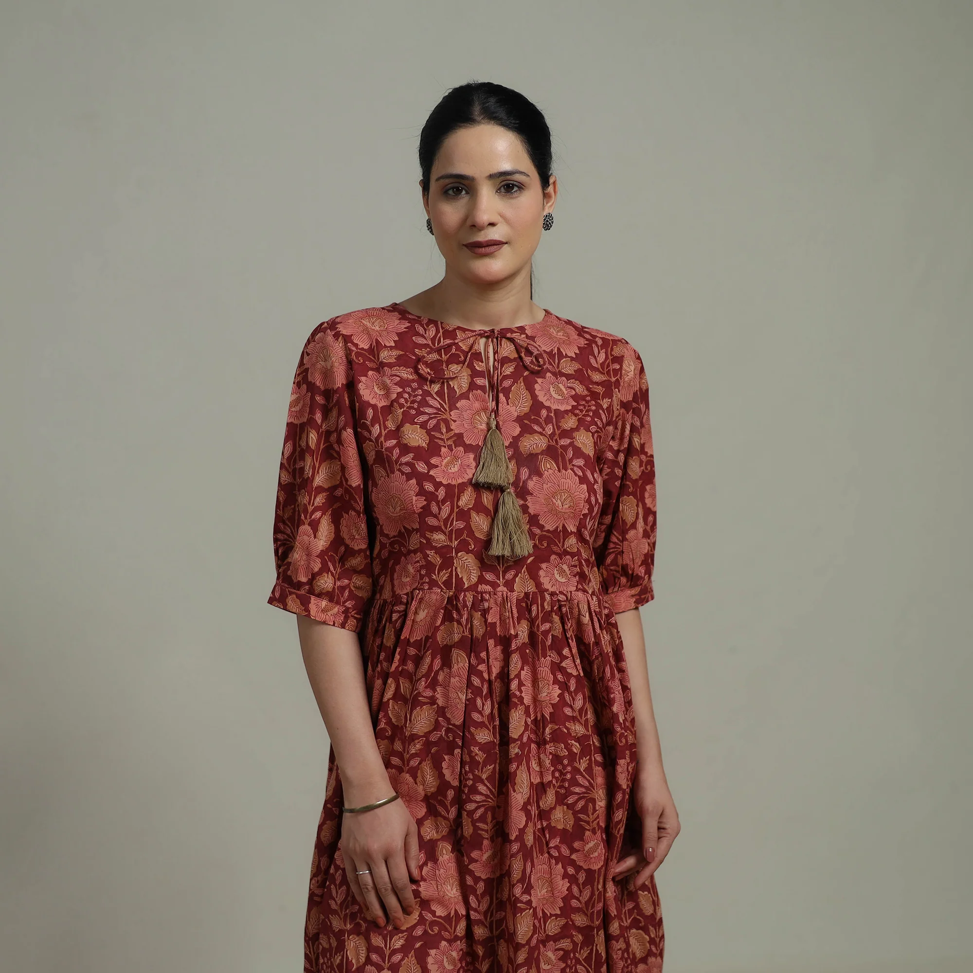 Red - Sanganeri Hand Block Print Pure Cotton Flared Dress 02 - Image 4