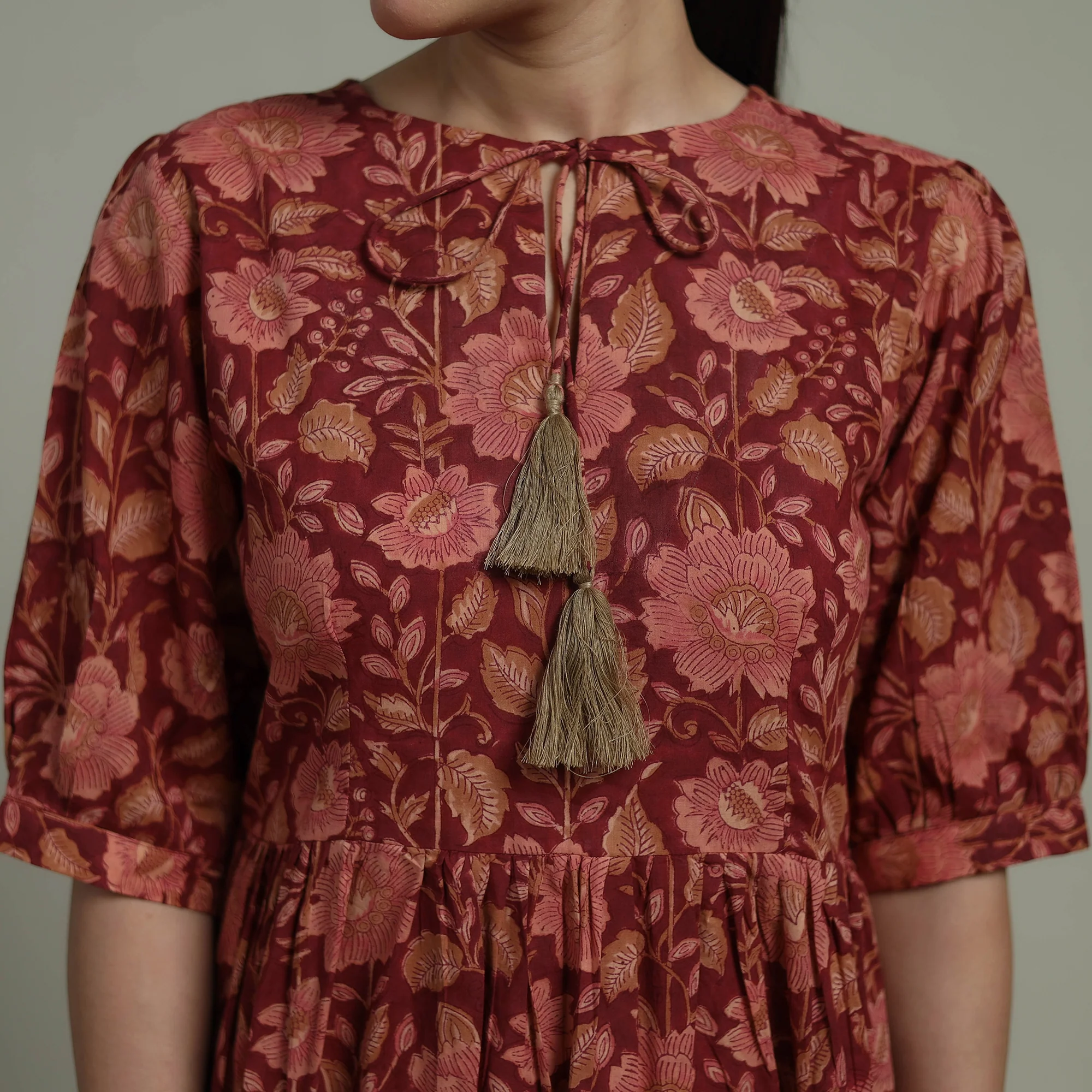 Red - Sanganeri Hand Block Print Pure Cotton Flared Dress 02 - Image 5