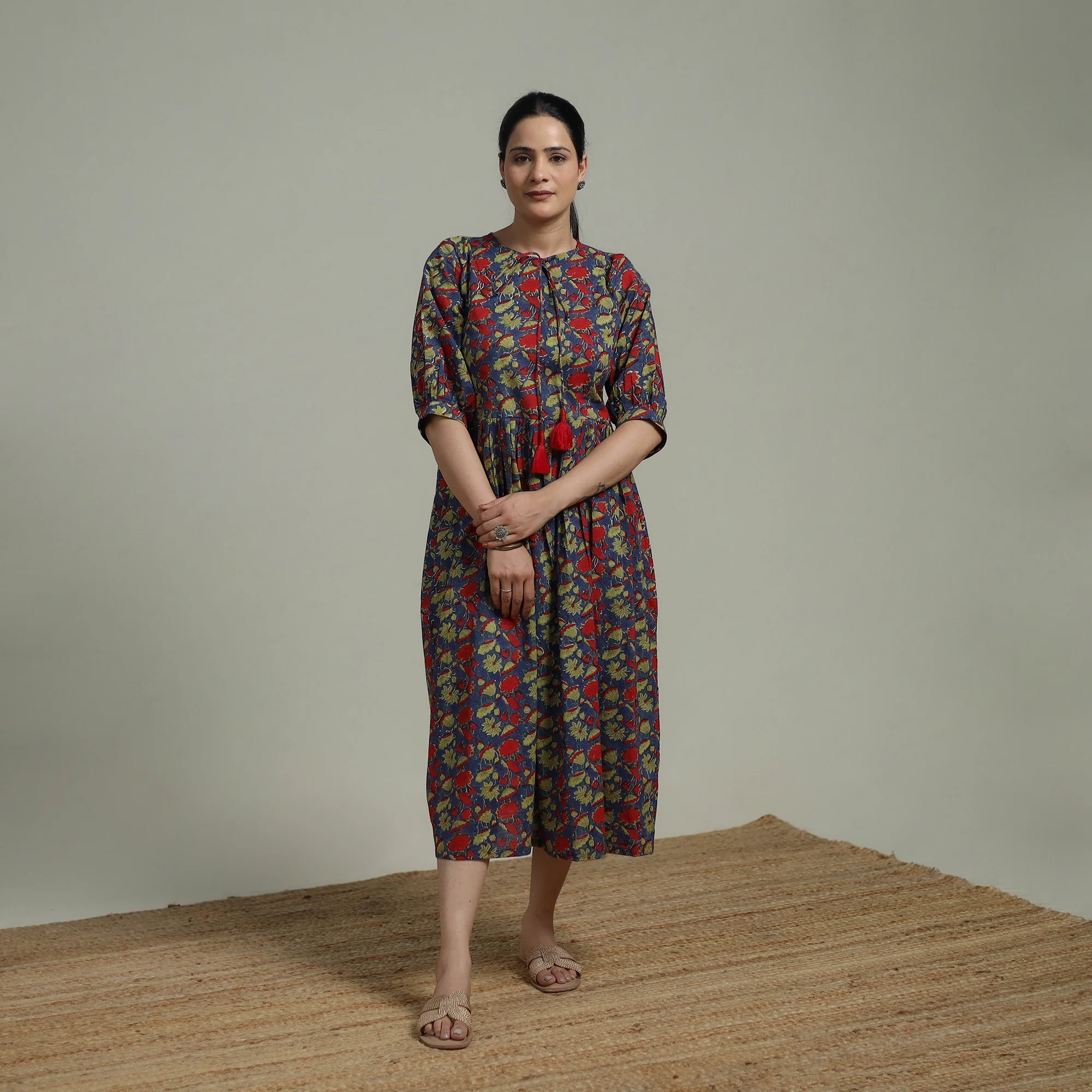Multicolor - Sanganeri Hand Block Print Pure Cotton Flared Dress 03
