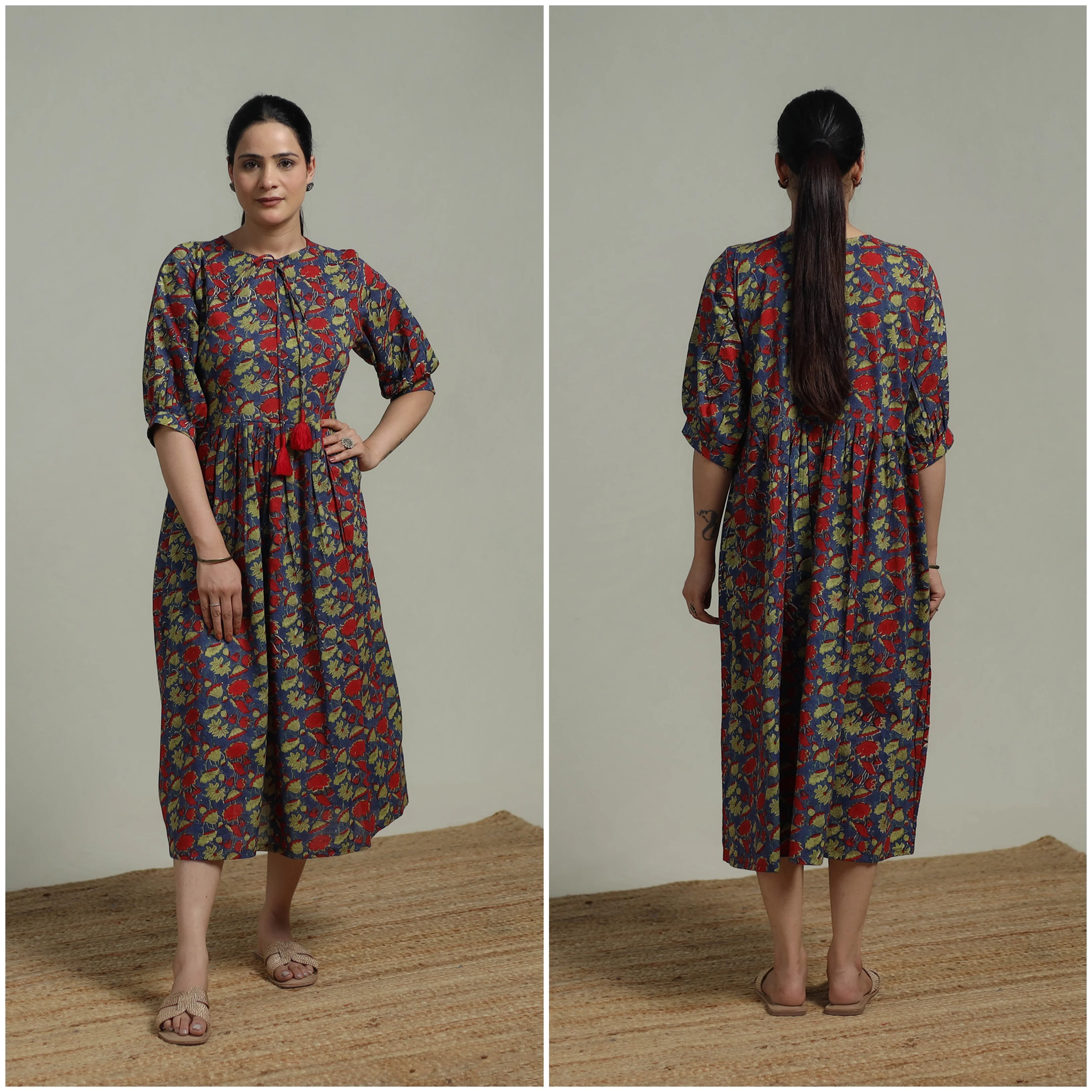 Multicolor - Sanganeri Hand Block Print Pure Cotton Flared Dress 03 - Image 3