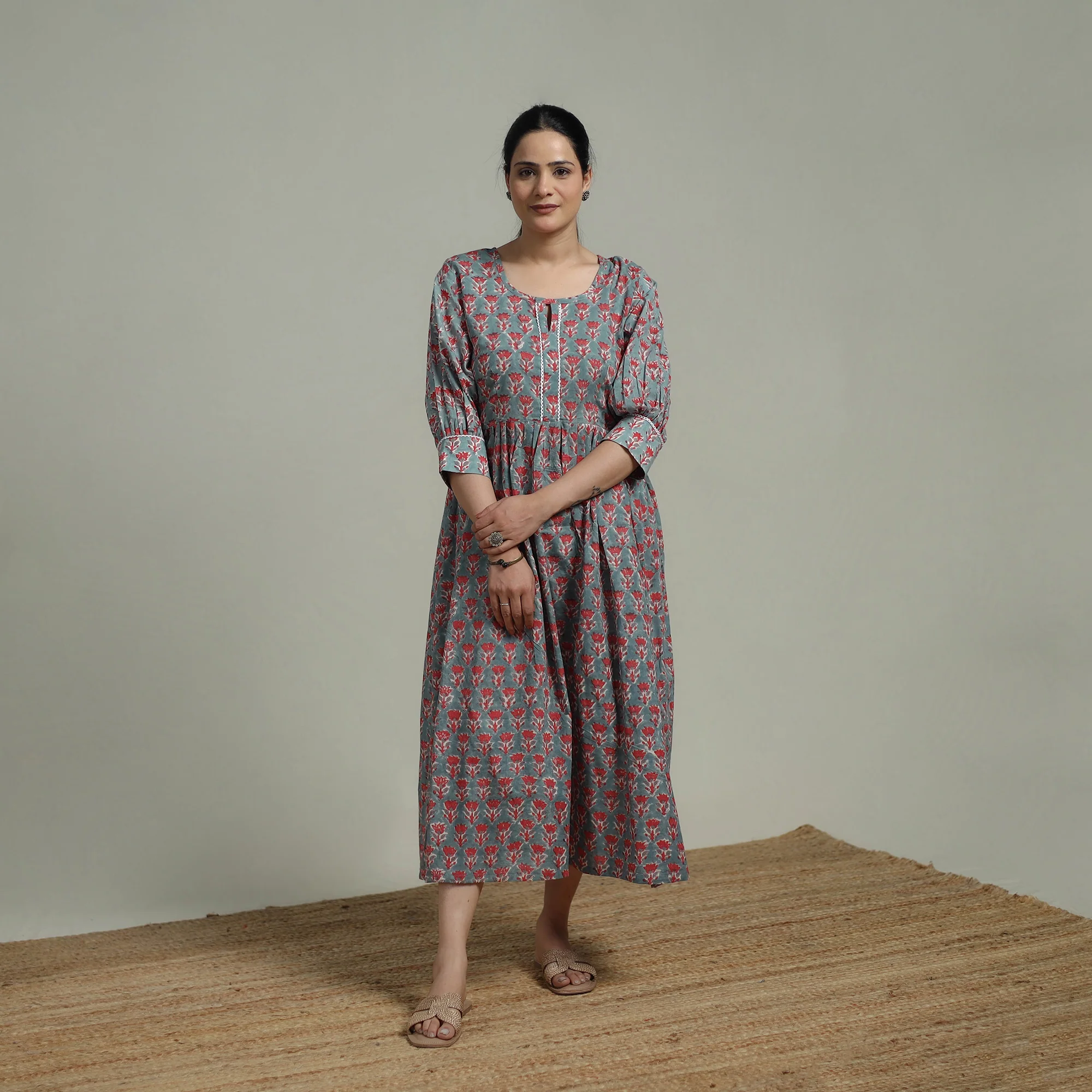 Green - Sanganeri Hand Block Print Pure Cotton Flared Dress 06