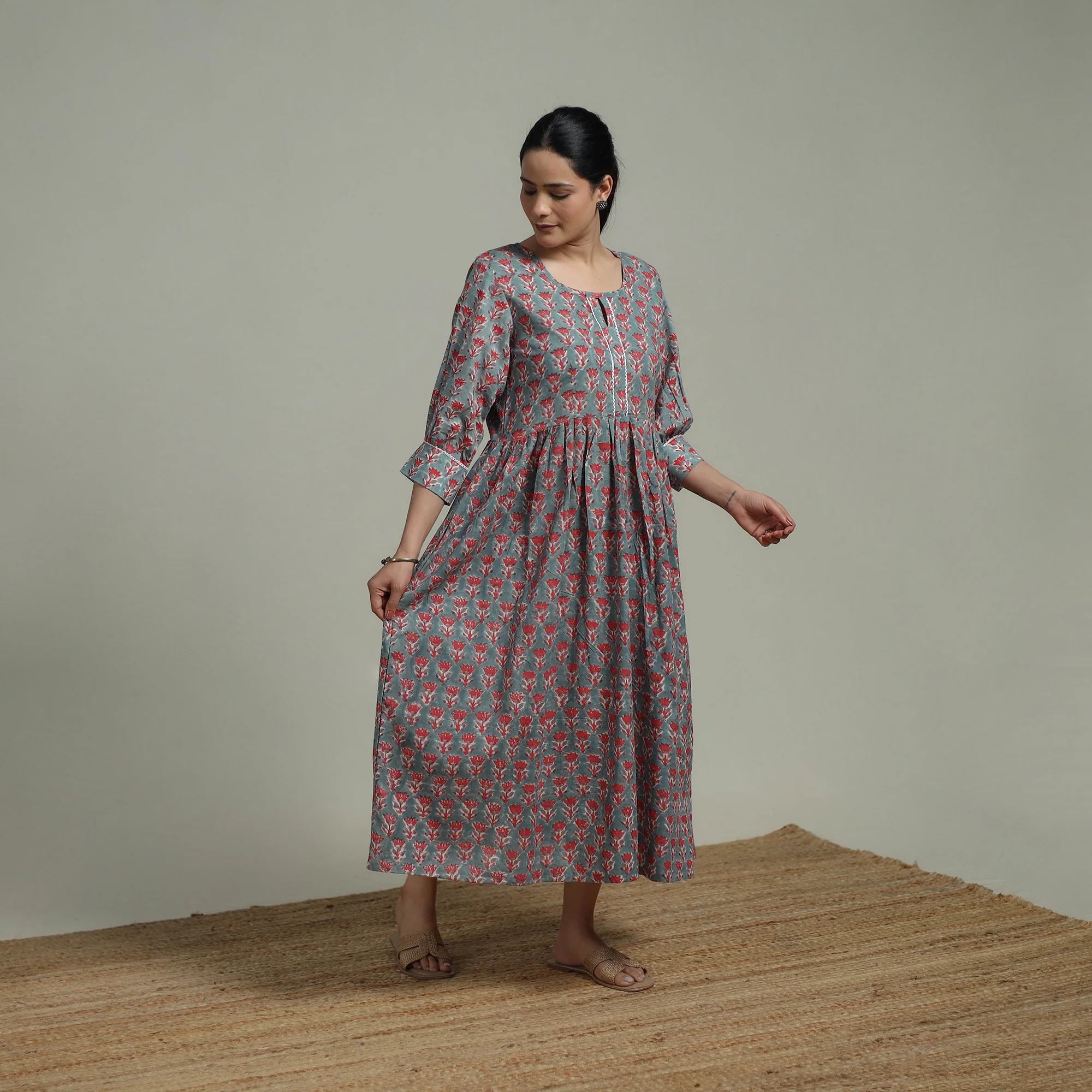 Green - Sanganeri Hand Block Print Pure Cotton Flared Dress 06 - Image 2