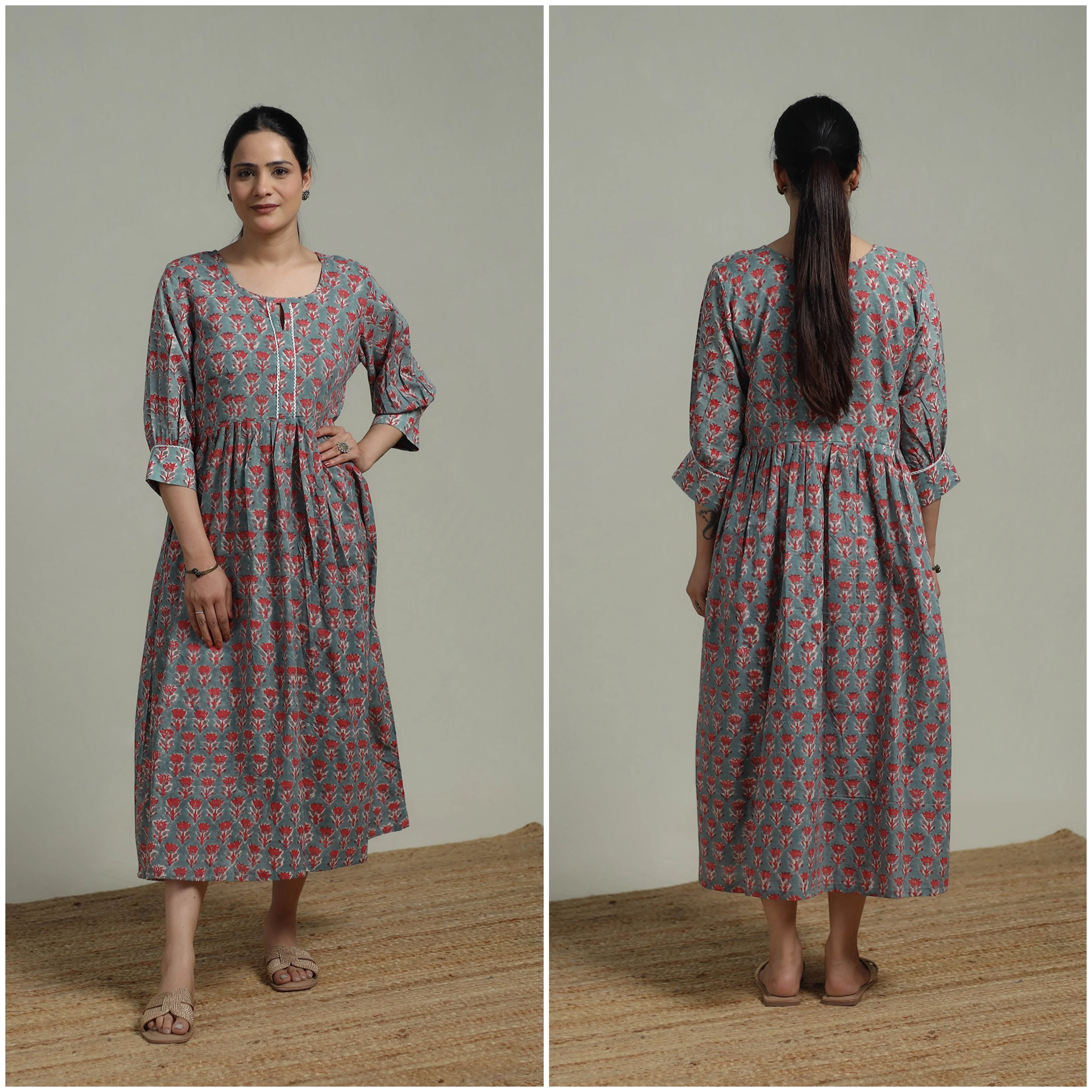 Green - Sanganeri Hand Block Print Pure Cotton Flared Dress 06 - Image 3