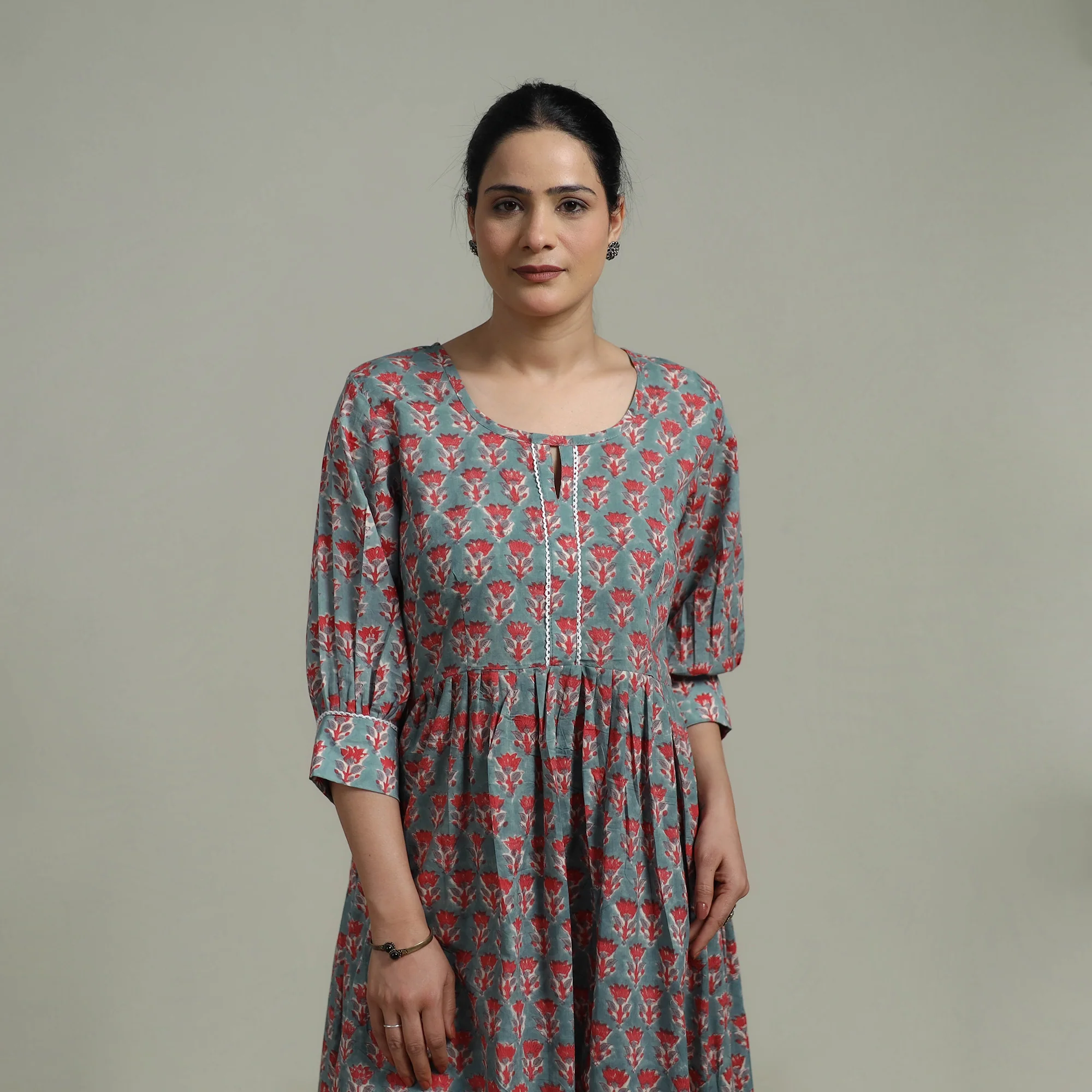Green - Sanganeri Hand Block Print Pure Cotton Flared Dress 06 - Image 4