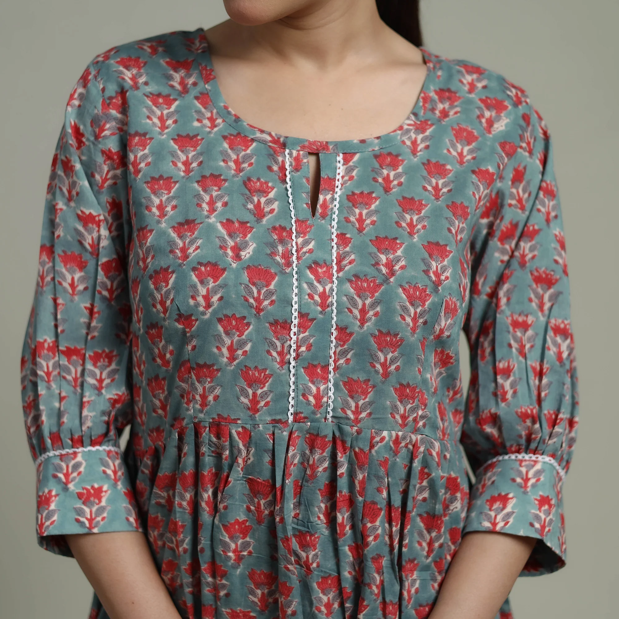 Green - Sanganeri Hand Block Print Pure Cotton Flared Dress 06 - Image 5
