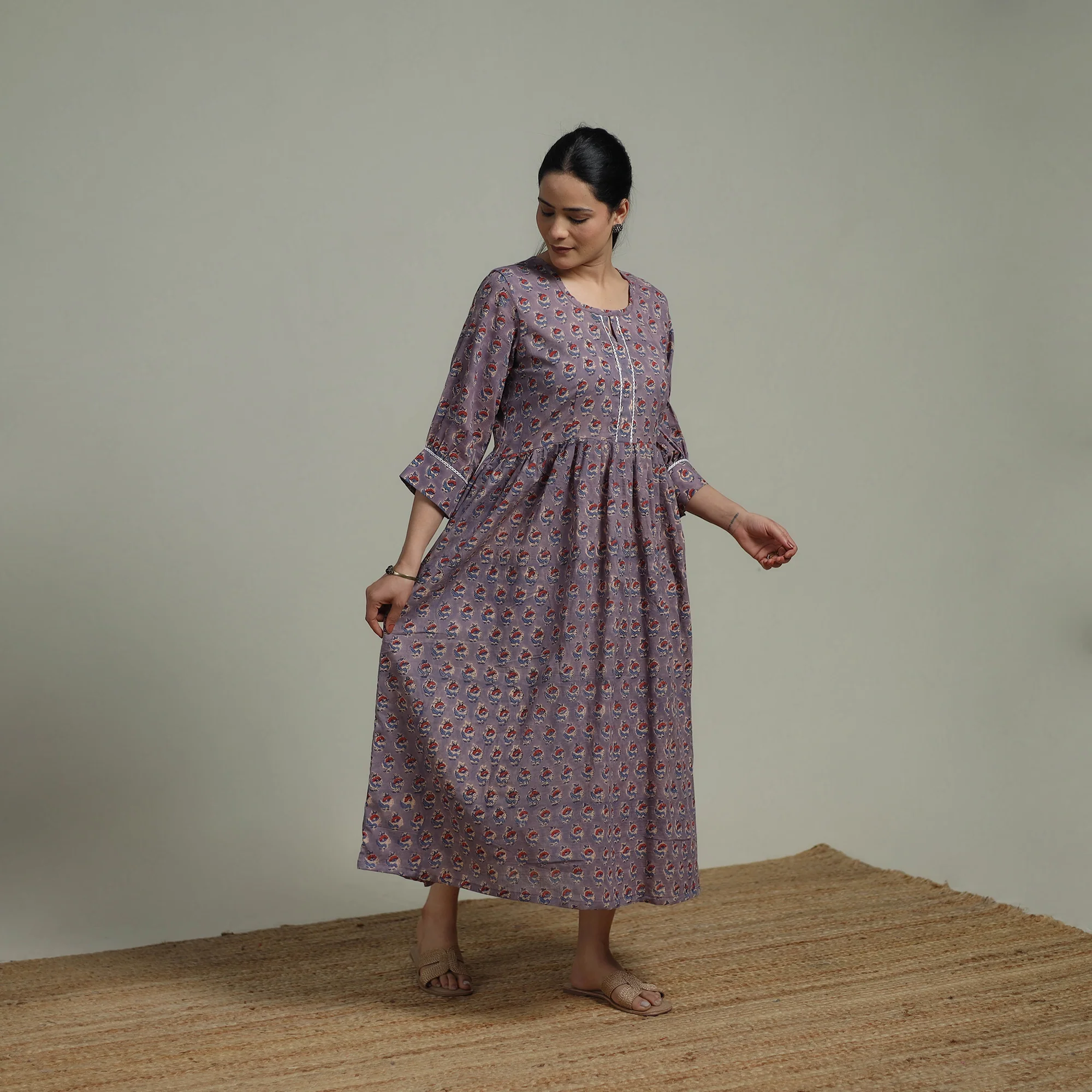 Purple - Sanganeri Hand Block Print Pure Cotton Flared Dress 07 - Image 2