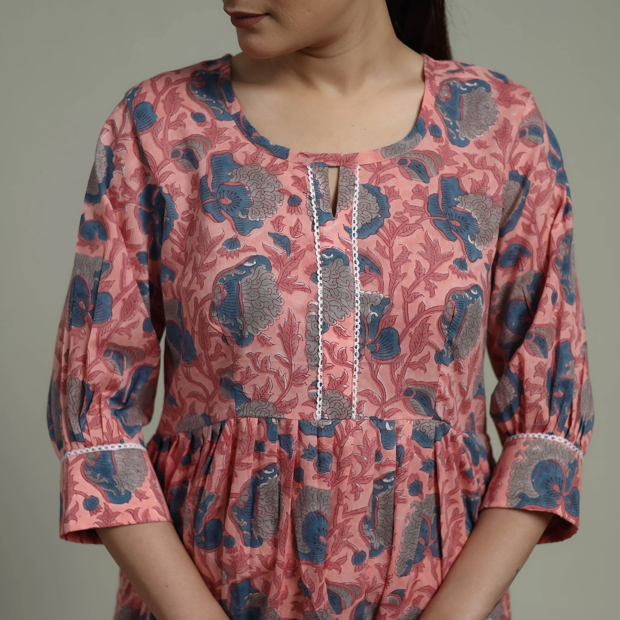 Pink - Sanganeri Hand Block Print Pure Cotton Flared Dress 08 - Image 5