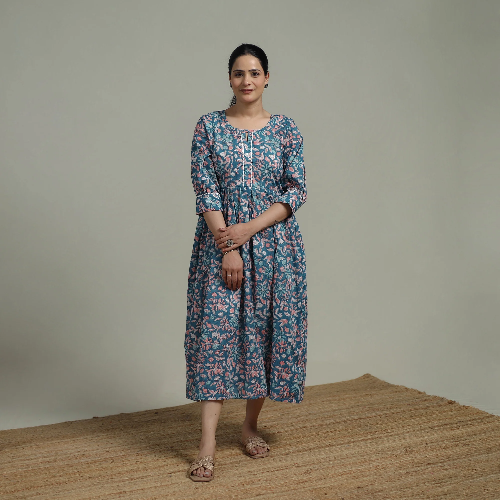 Blue - Sanganeri Hand Block Print Pure Cotton Flared Dress 09