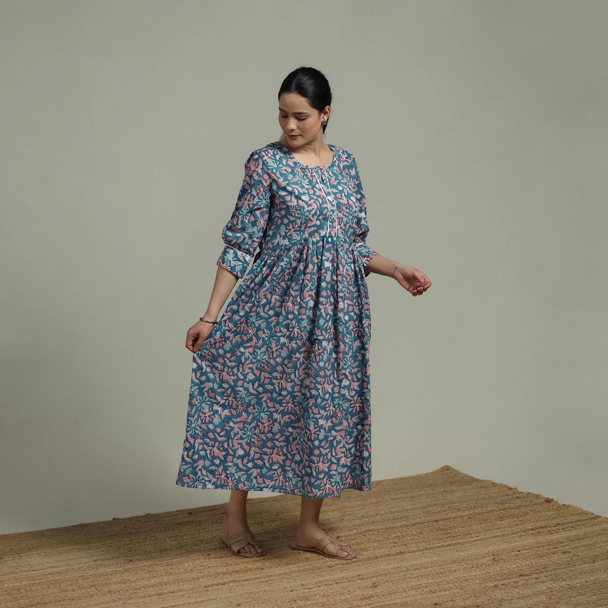 Blue - Sanganeri Hand Block Print Pure Cotton Flared Dress 09 - Image 2