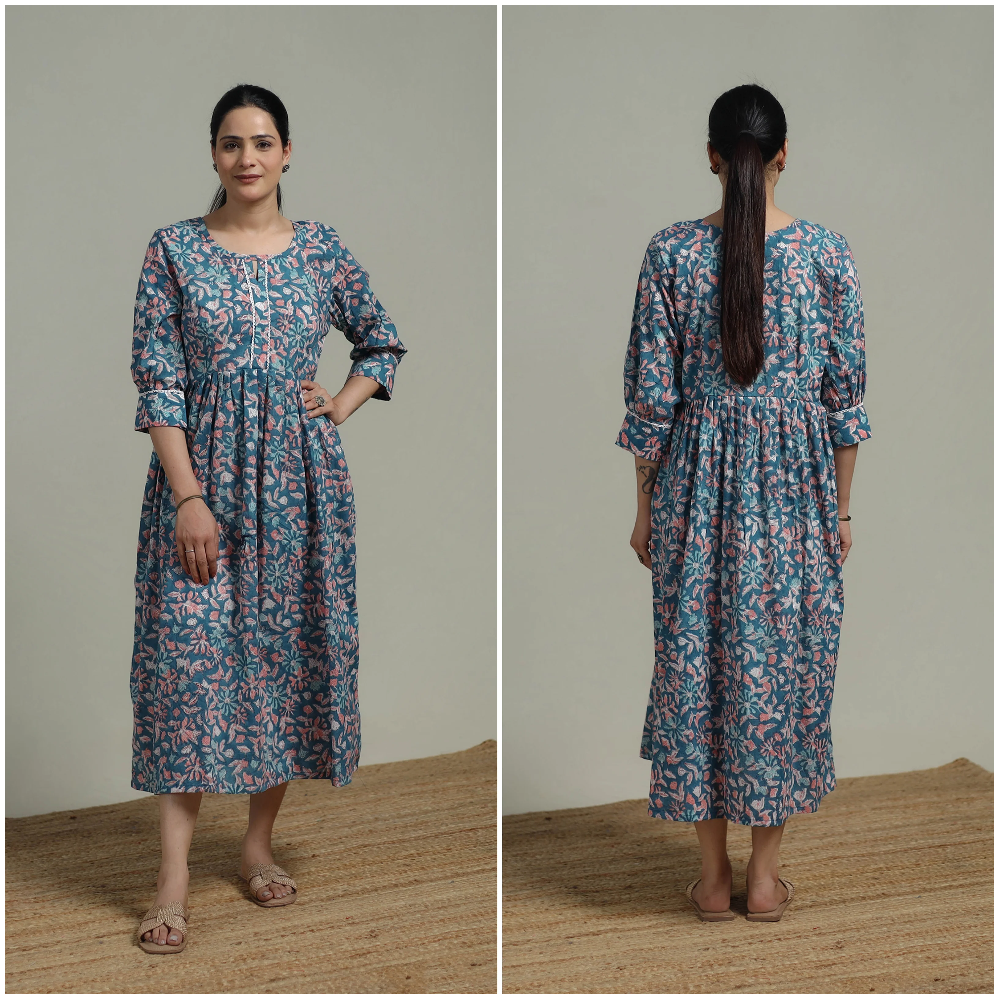 Blue - Sanganeri Hand Block Print Pure Cotton Flared Dress 09 - Image 3