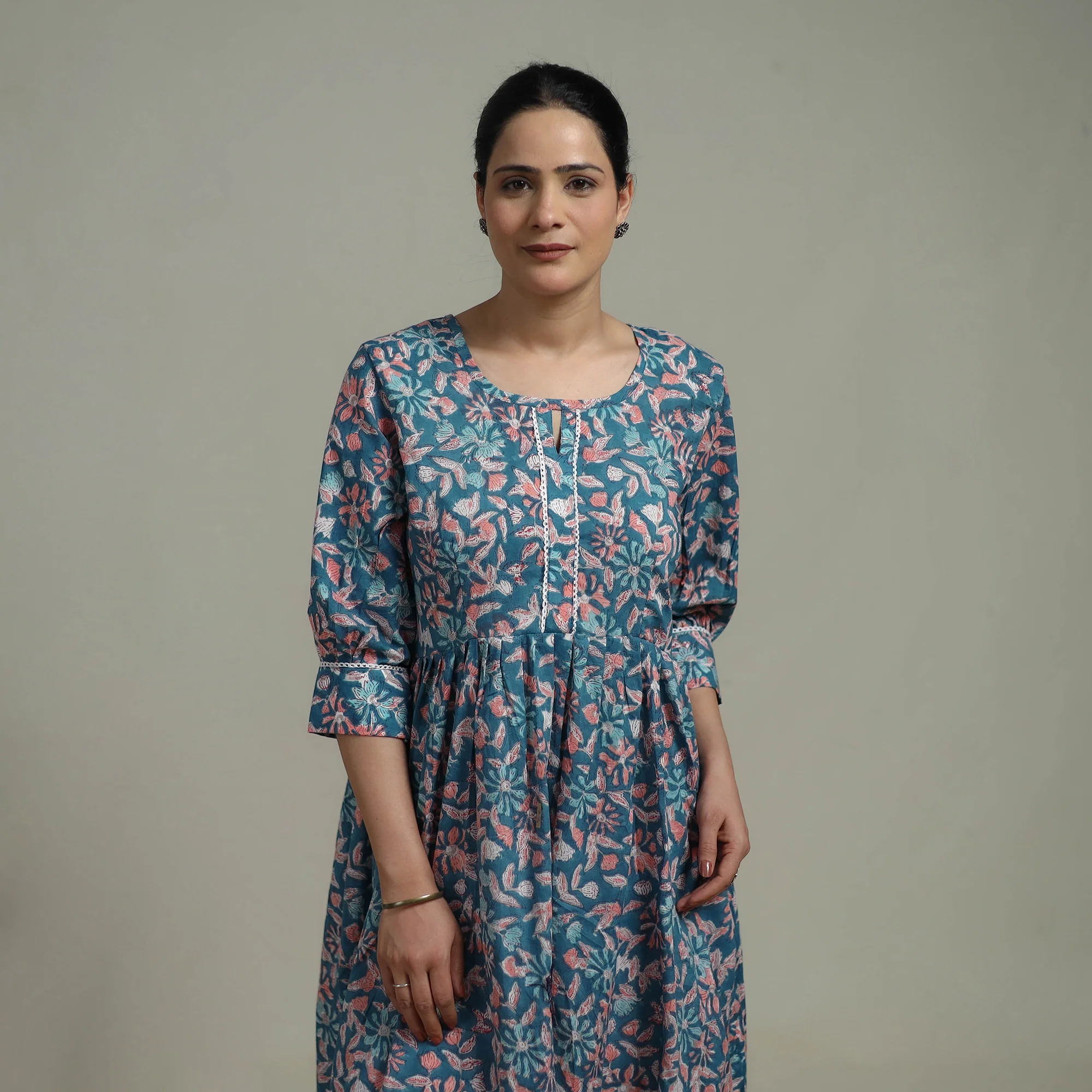 Blue - Sanganeri Hand Block Print Pure Cotton Flared Dress 09 - Image 4