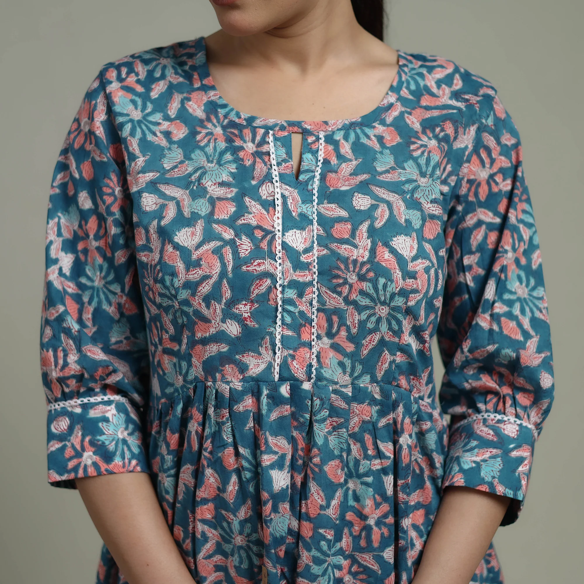 Blue - Sanganeri Hand Block Print Pure Cotton Flared Dress 09 - Image 5