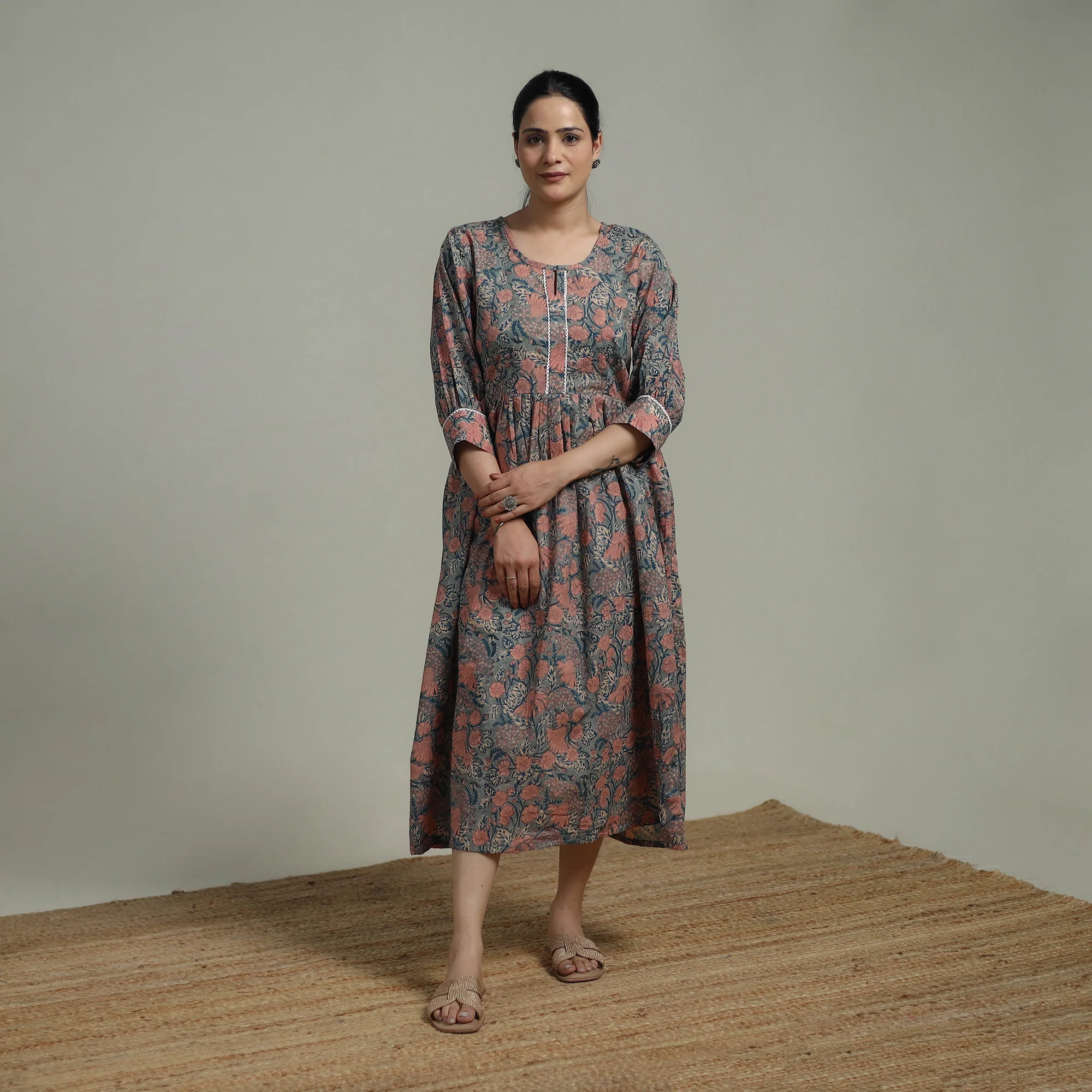 Green - Sanganeri Hand Block Print Pure Cotton Flared Dress 10