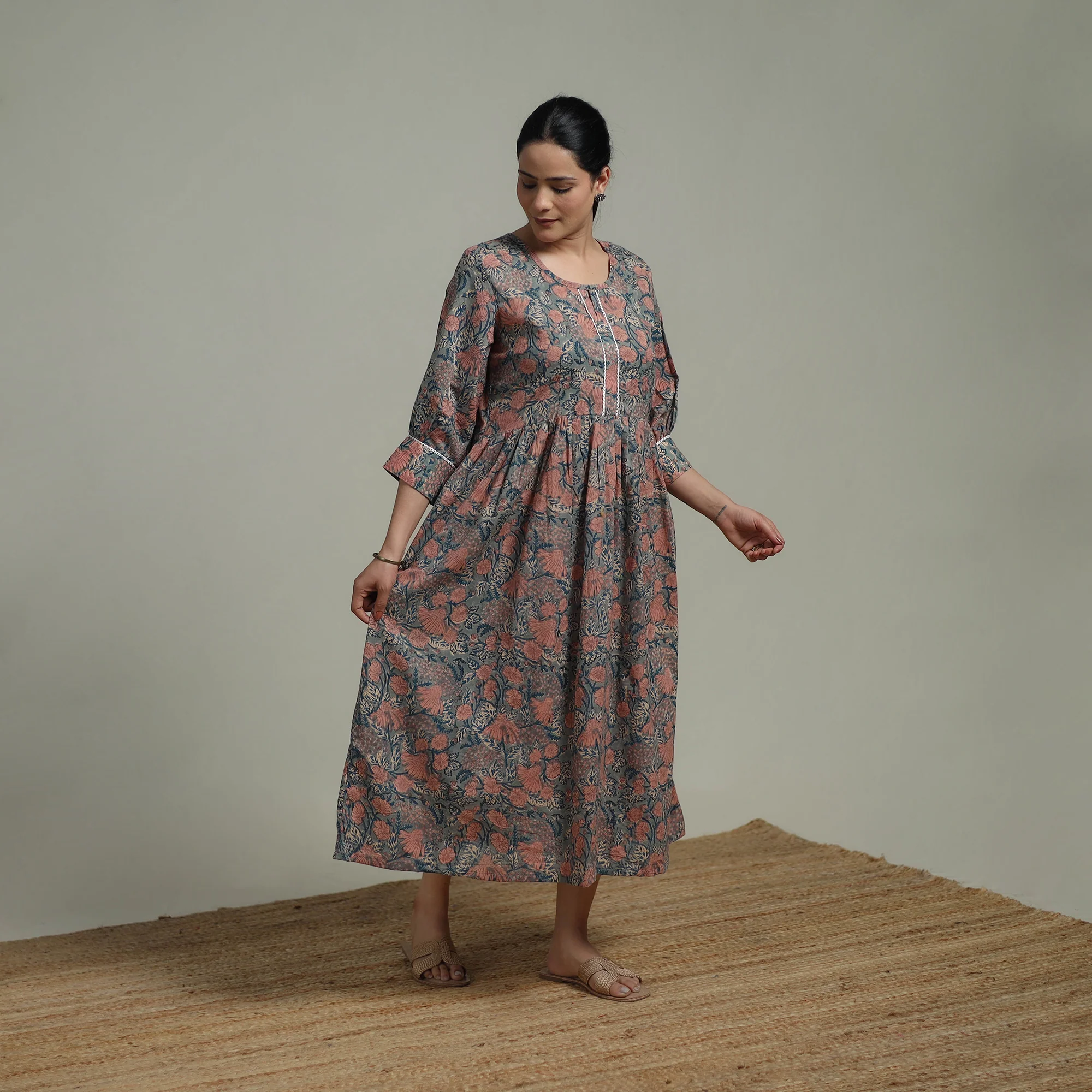Green - Sanganeri Hand Block Print Pure Cotton Flared Dress 10 - Image 2