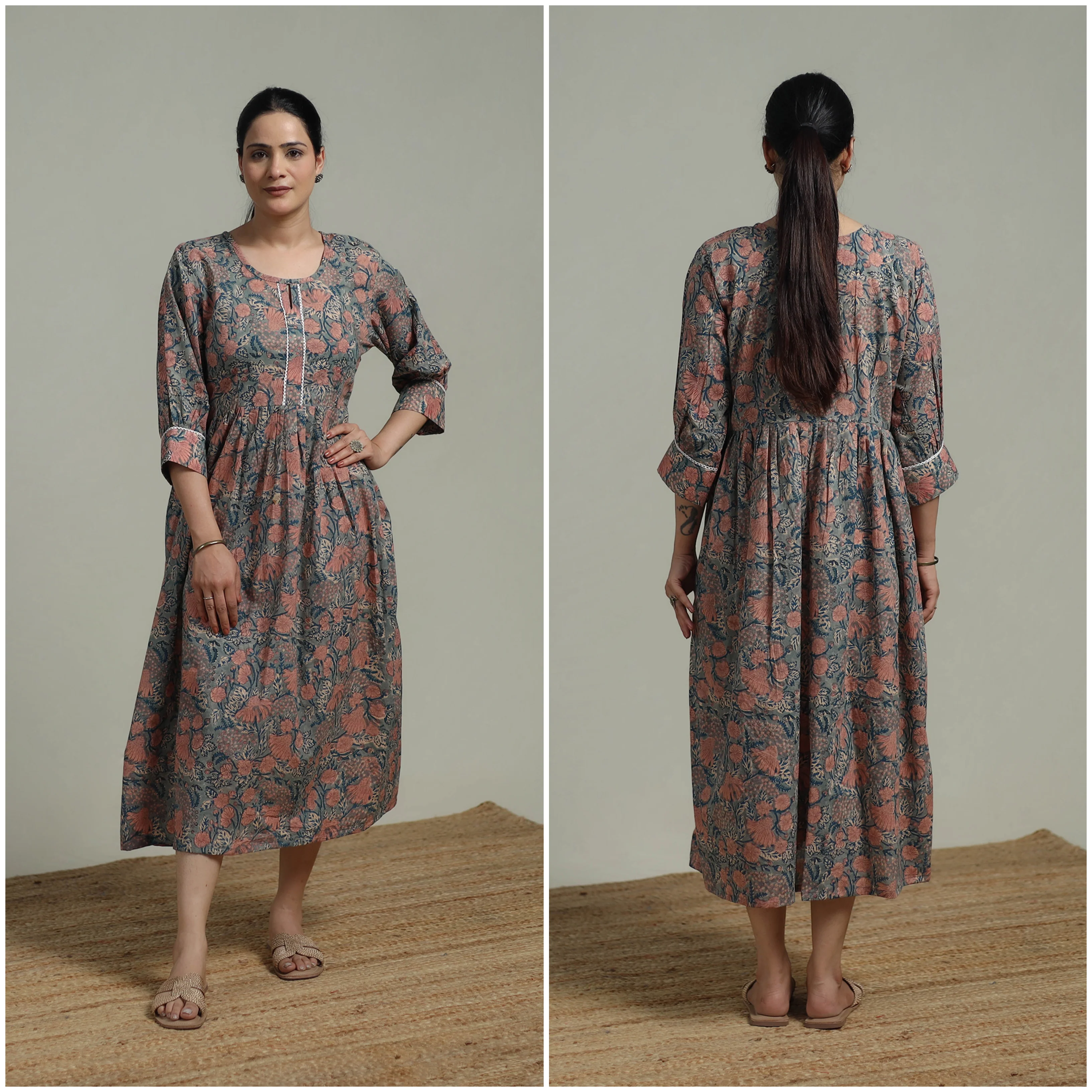 Green - Sanganeri Hand Block Print Pure Cotton Flared Dress 10 - Image 3